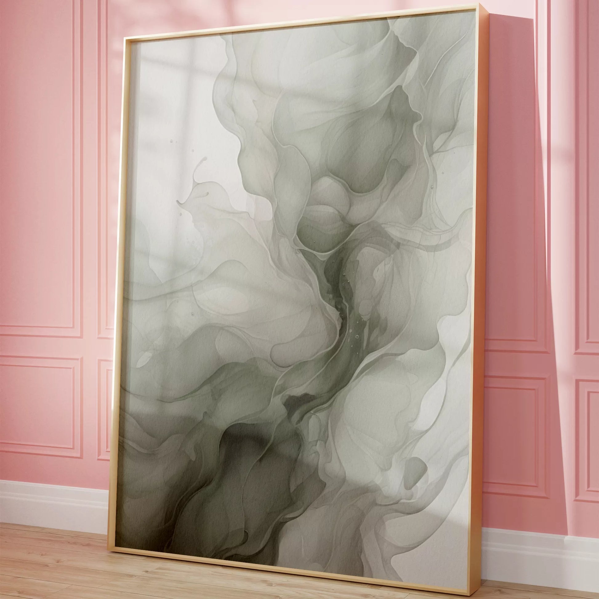 グリーングラデーションの抽象的な流体アート、モダンな水墨画風