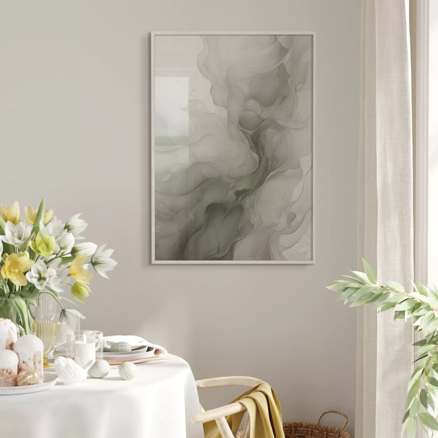 グリーングラデーションの抽象的な流体アート、モダンな水墨画風