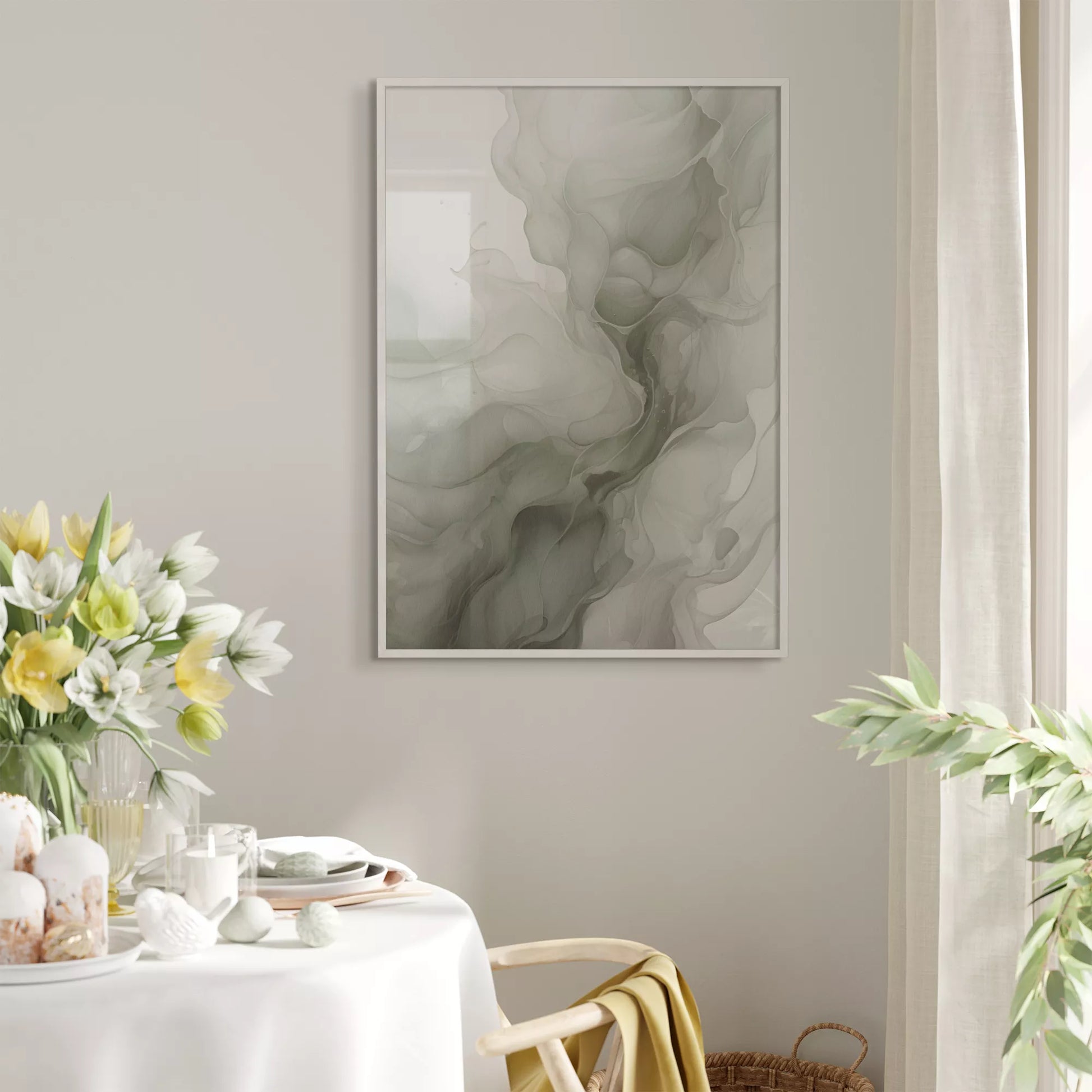 グリーングラデーションの抽象的な流体アート、モダンな水墨画風