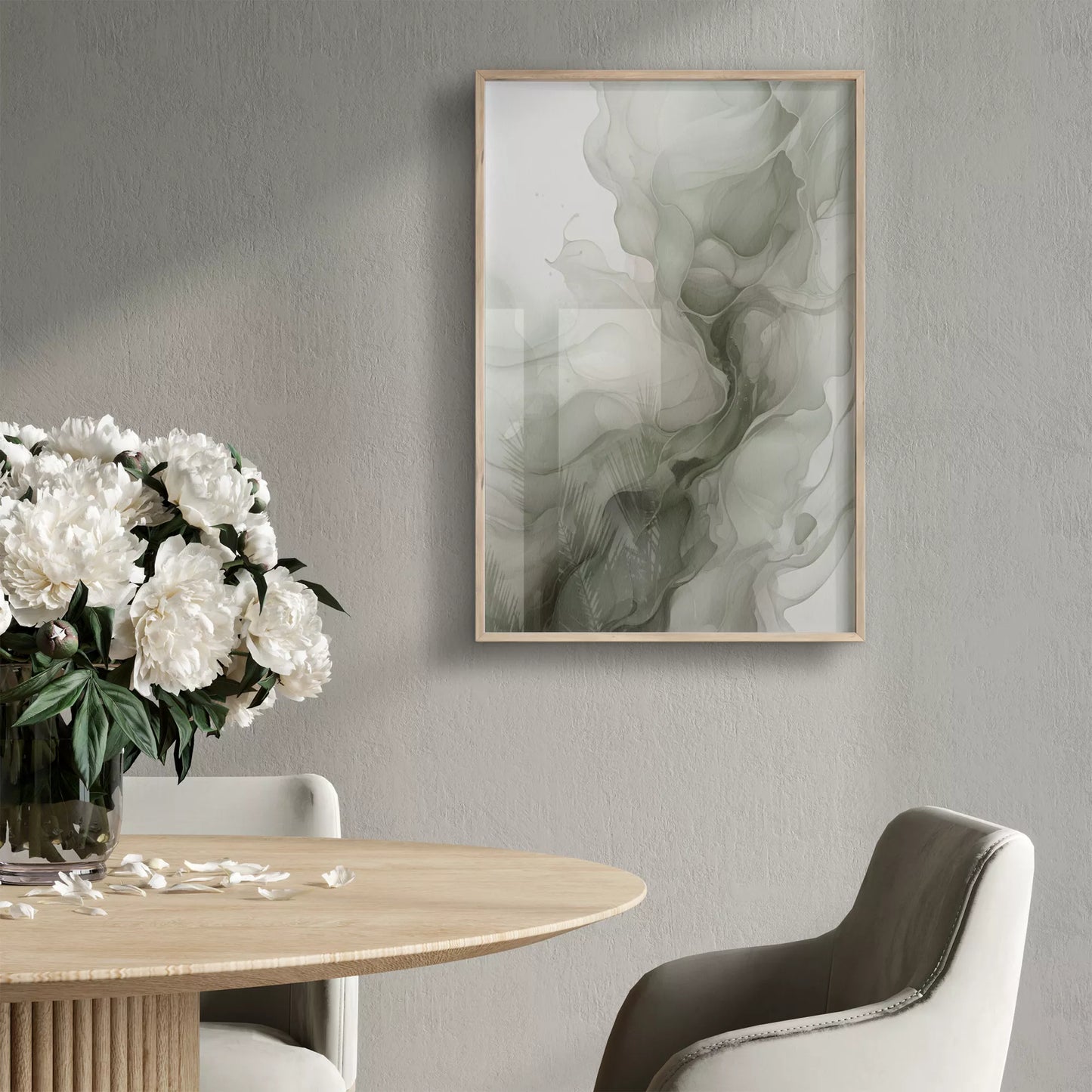 グリーングラデーションの抽象的な流体アート、モダンな水墨画風