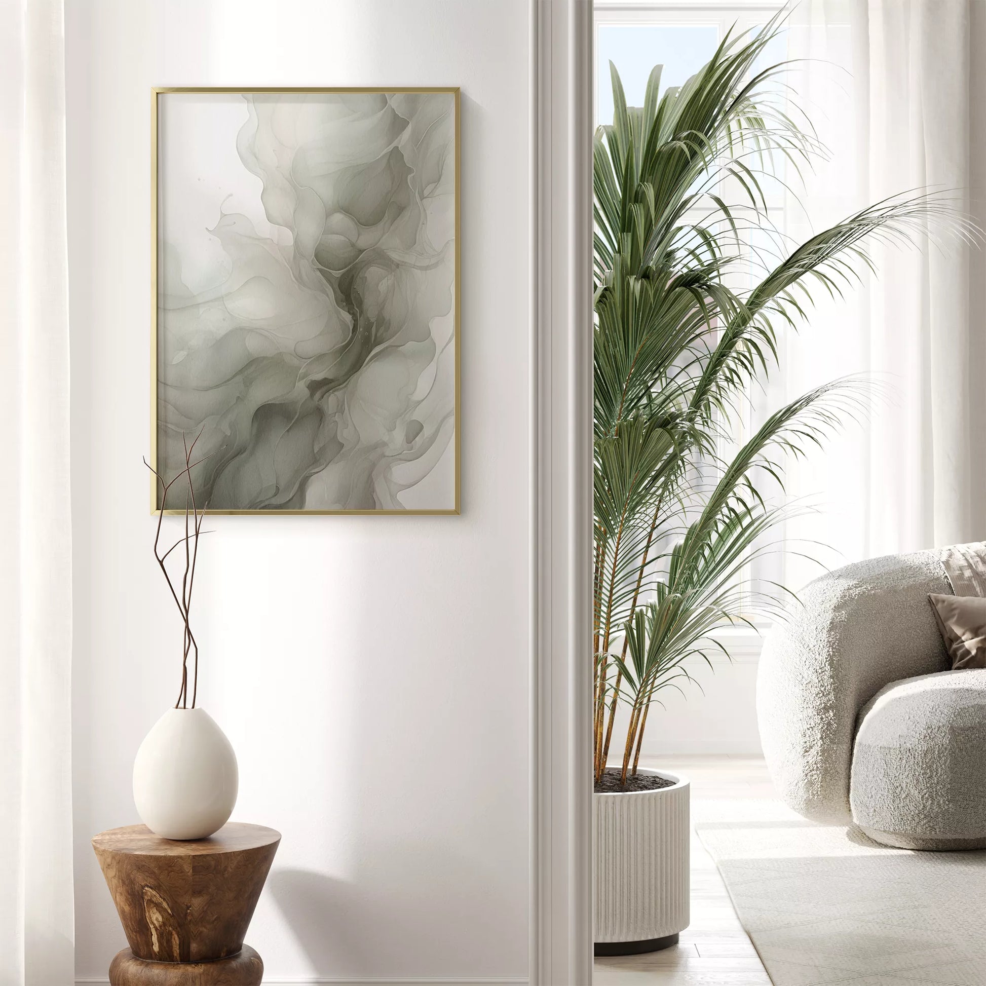 グリーングラデーションの抽象的な流体アート、モダンな水墨画風