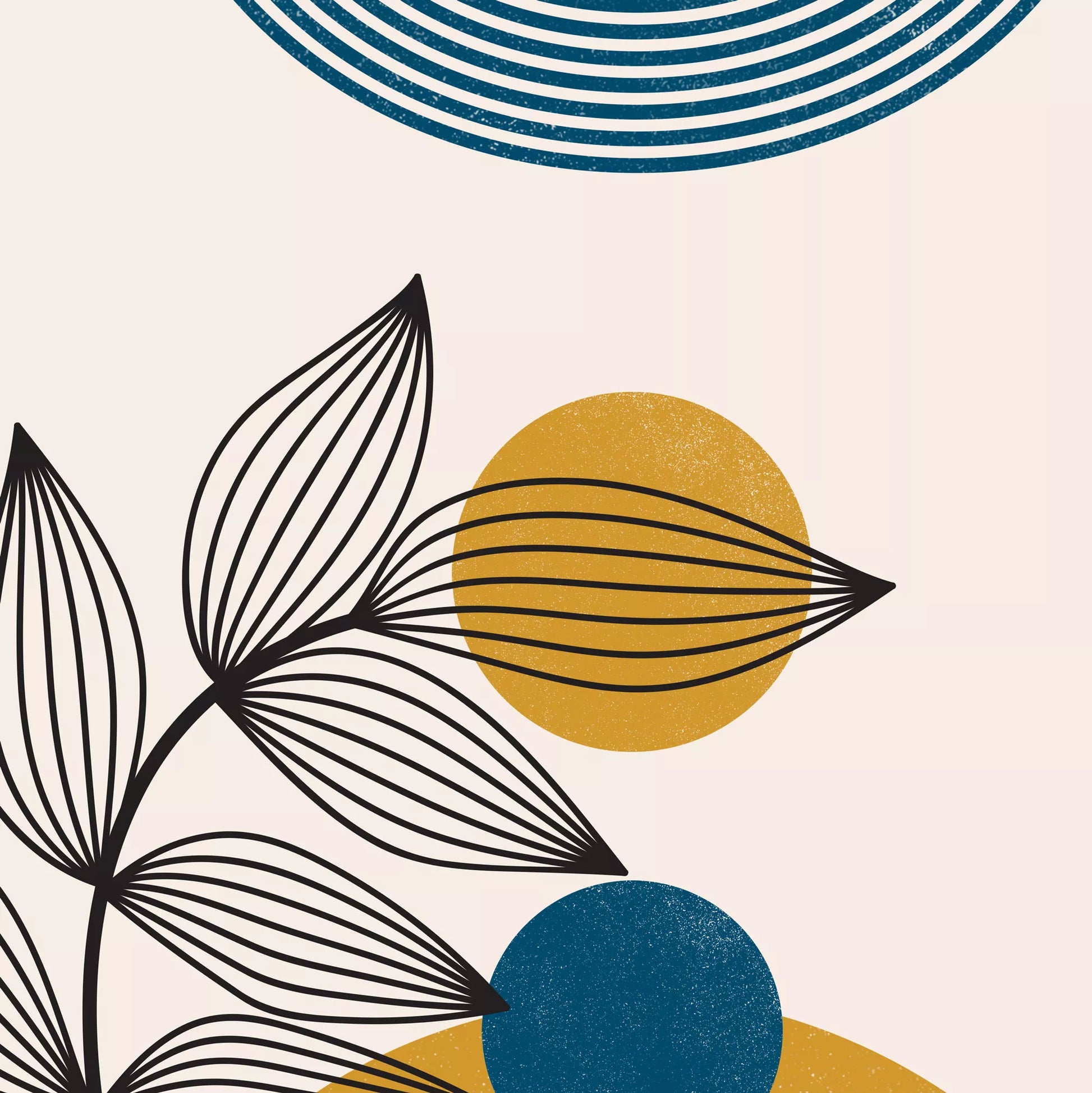 青と黄の北欧風抽象アート3枚セット、幾何学模様と植物モチーフ