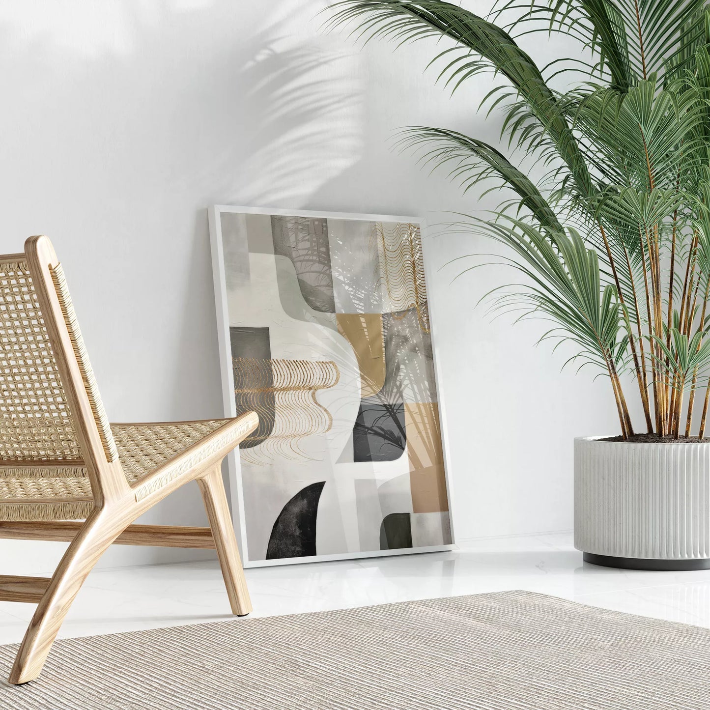 抽象的な幾何学模様とゴールドアクセントのモダンアート