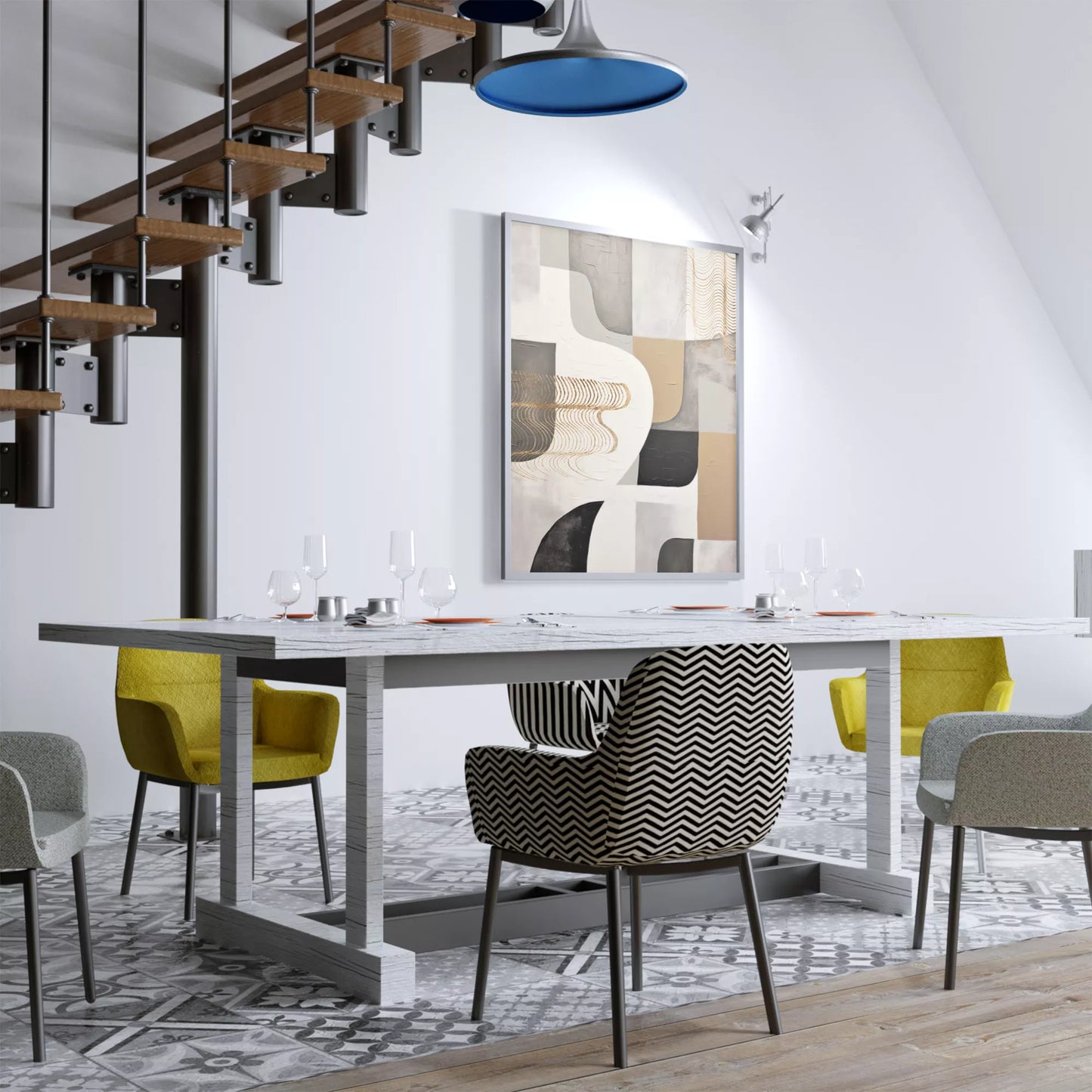 抽象的な幾何学模様とゴールドアクセントのモダンアート