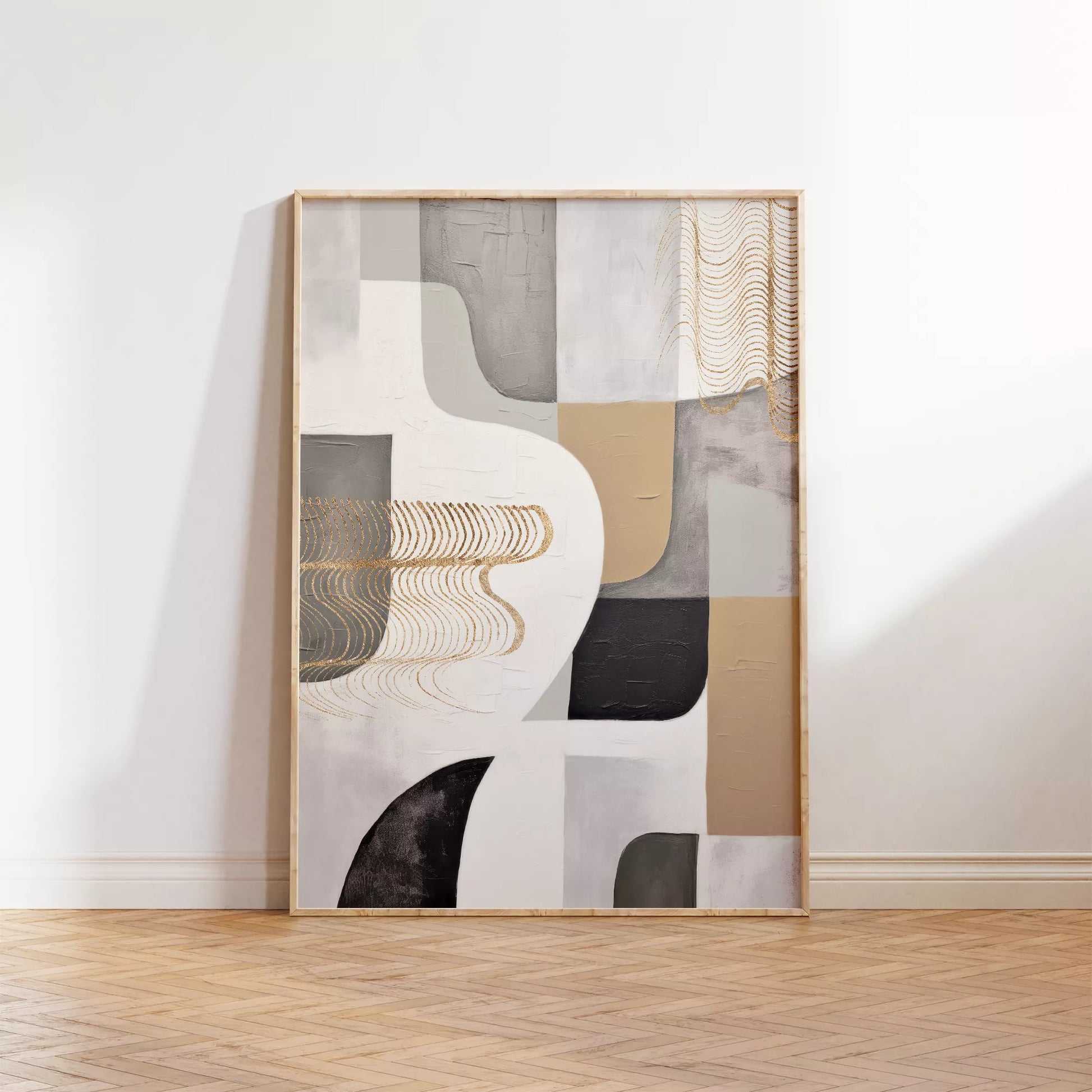 抽象的な幾何学模様とゴールドアクセントのモダンアート