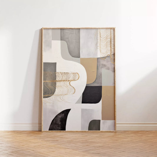 抽象的な幾何学模様とゴールドアクセントのモダンアート