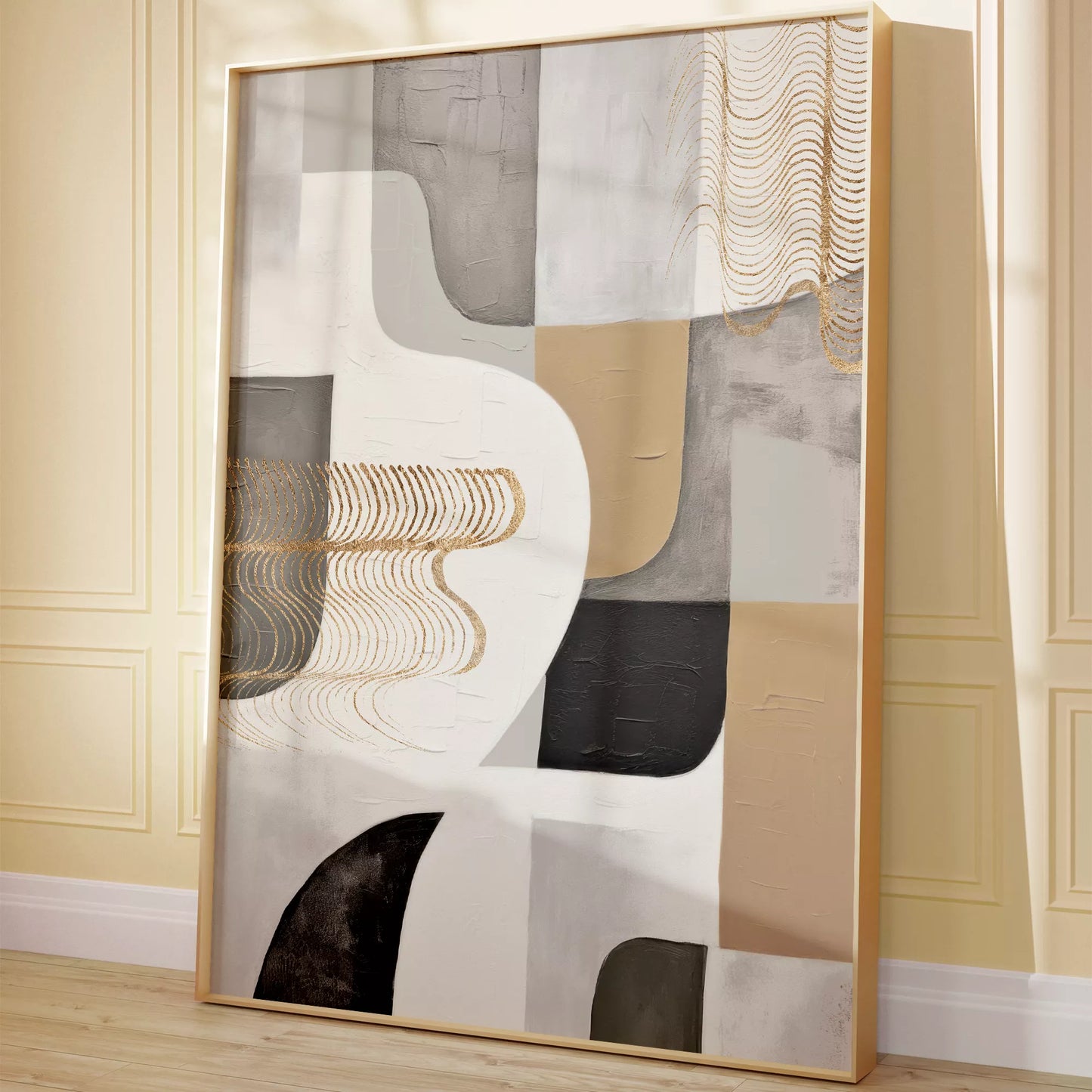 抽象的な幾何学模様とゴールドアクセントのモダンアート