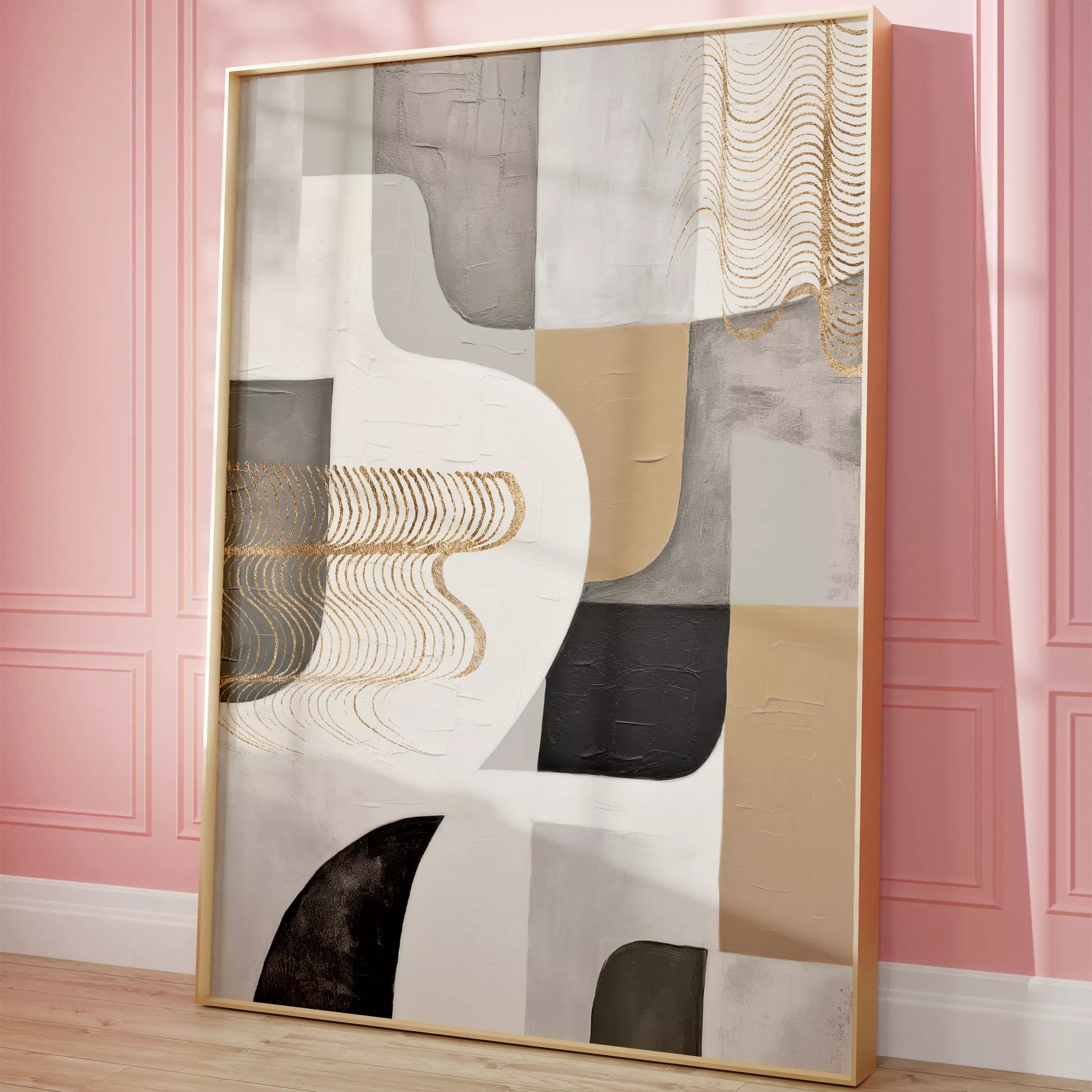 抽象的な幾何学模様とゴールドアクセントのモダンアート