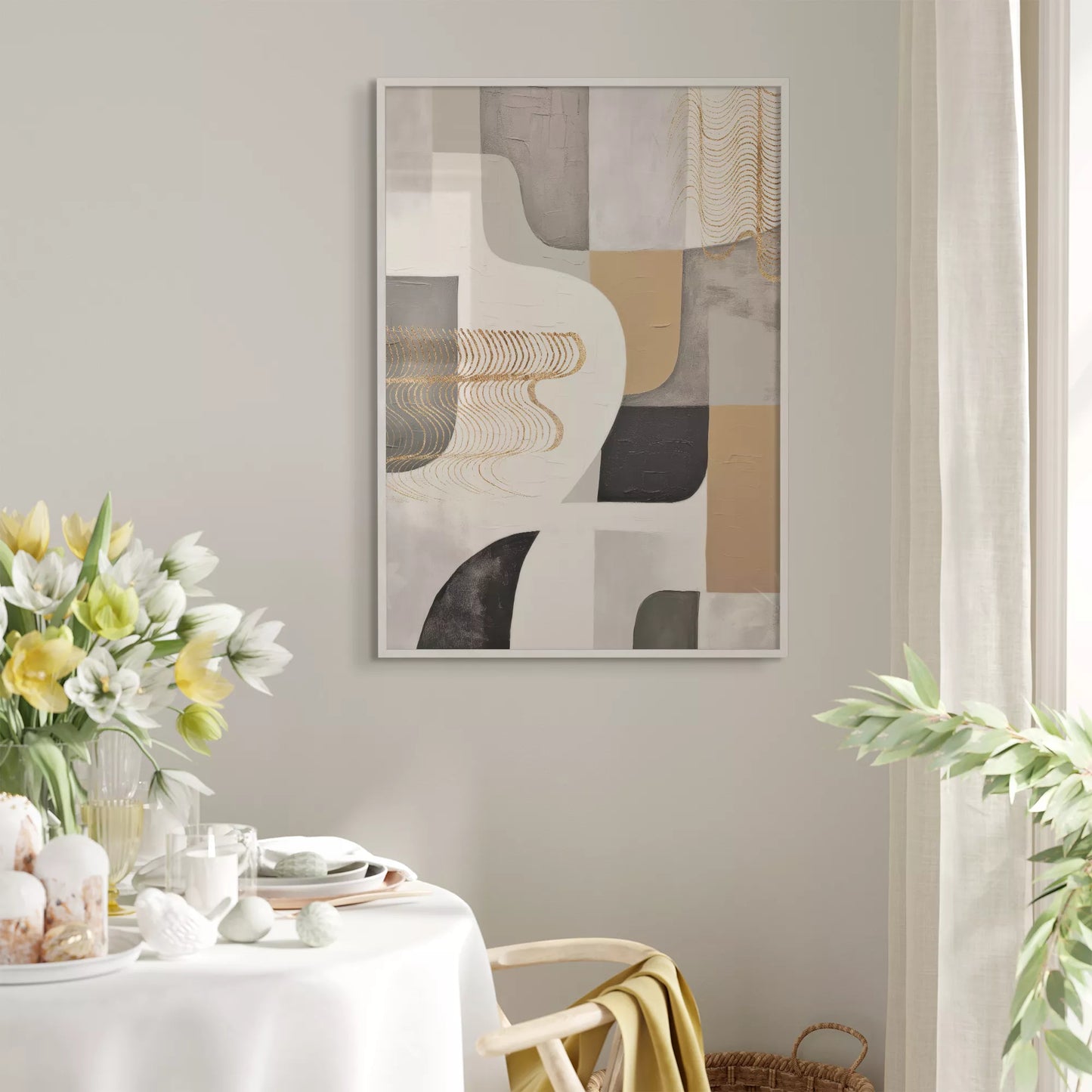 抽象的な幾何学模様とゴールドアクセントのモダンアート