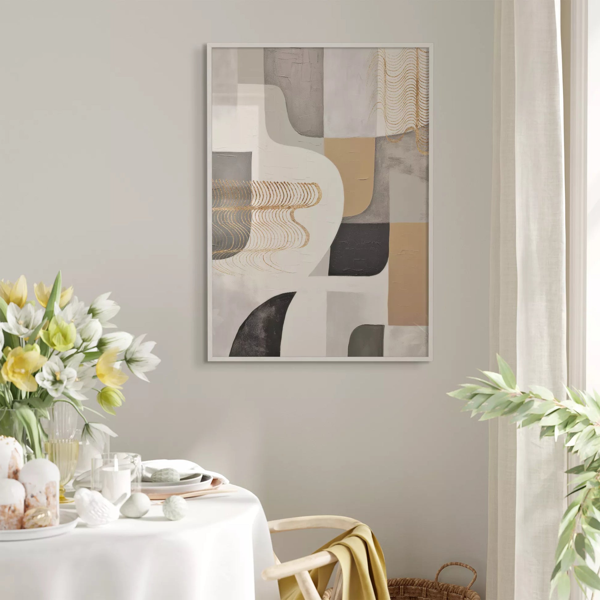 抽象的な幾何学模様とゴールドアクセントのモダンアート