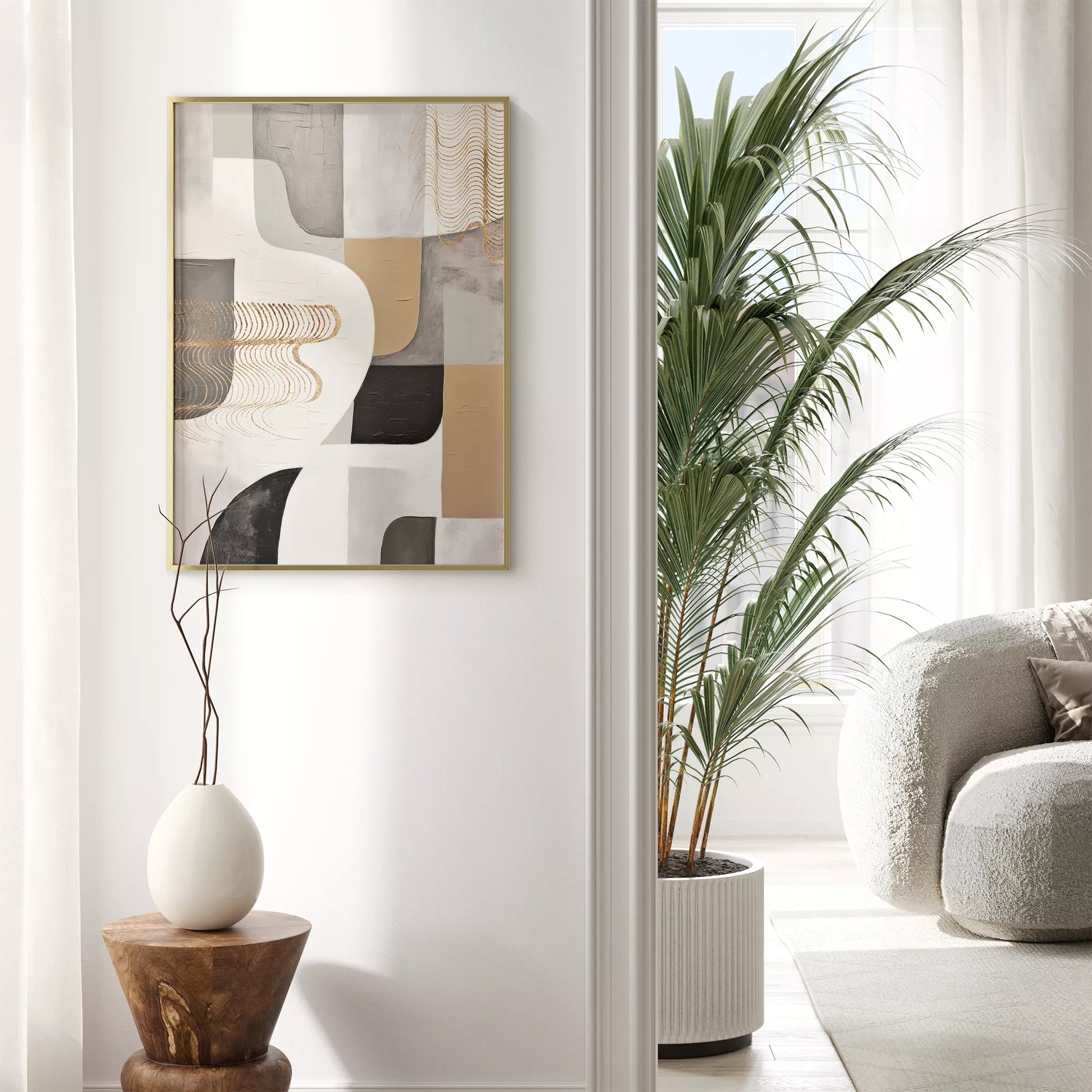 抽象的な幾何学模様とゴールドアクセントのモダンアート