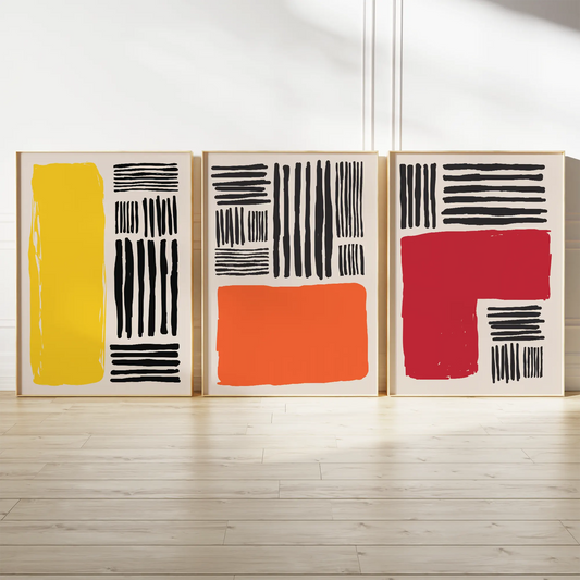 イエローオレンジレッド抽象ラインアートポスター 3枚セット
