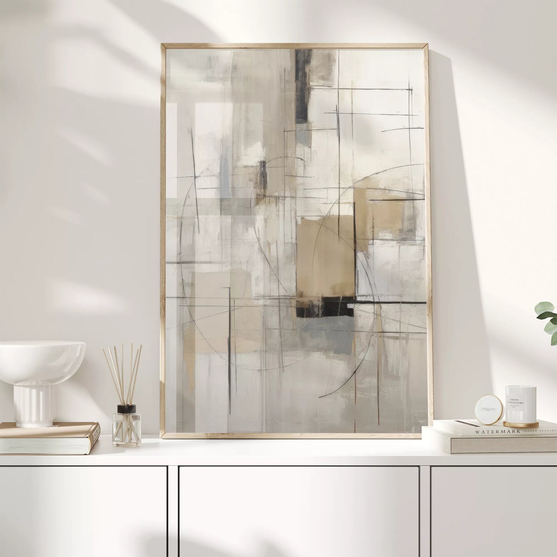 モダンな幾何学的抽象アート、グレーとベージュの都会的な印象