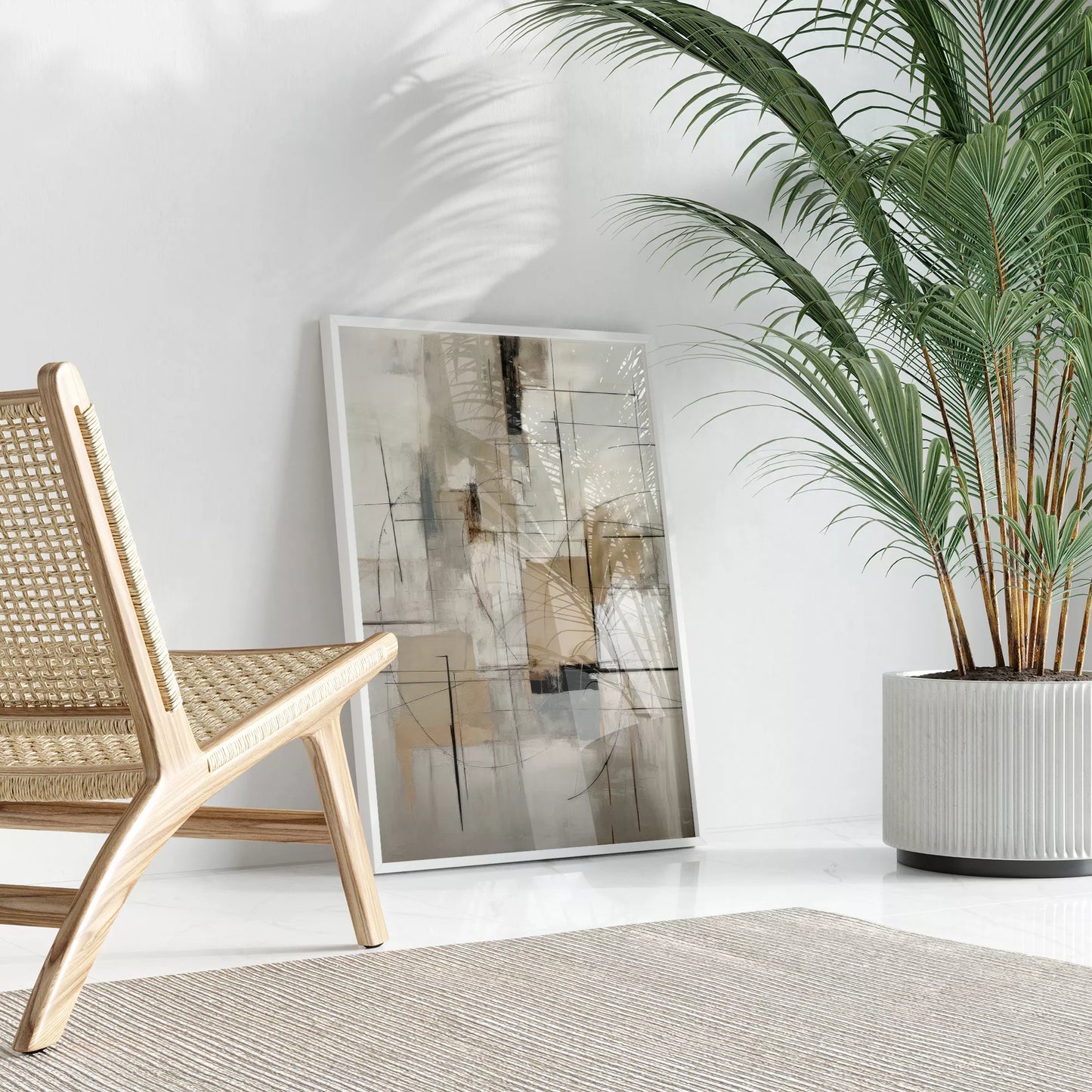 モダンな幾何学的抽象アート、グレーとベージュの都会的な印象