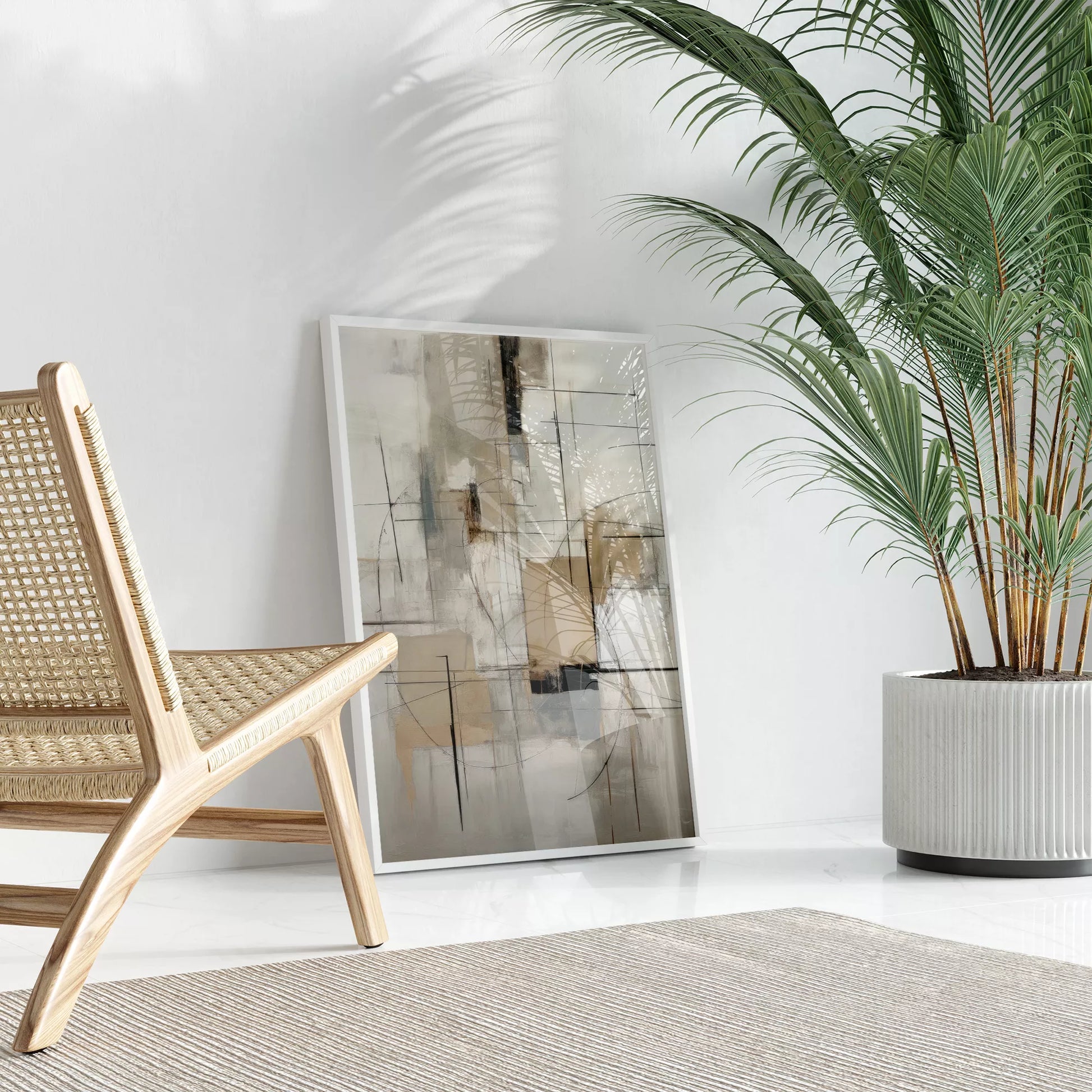 モダンな幾何学的抽象アート、グレーとベージュの都会的な印象