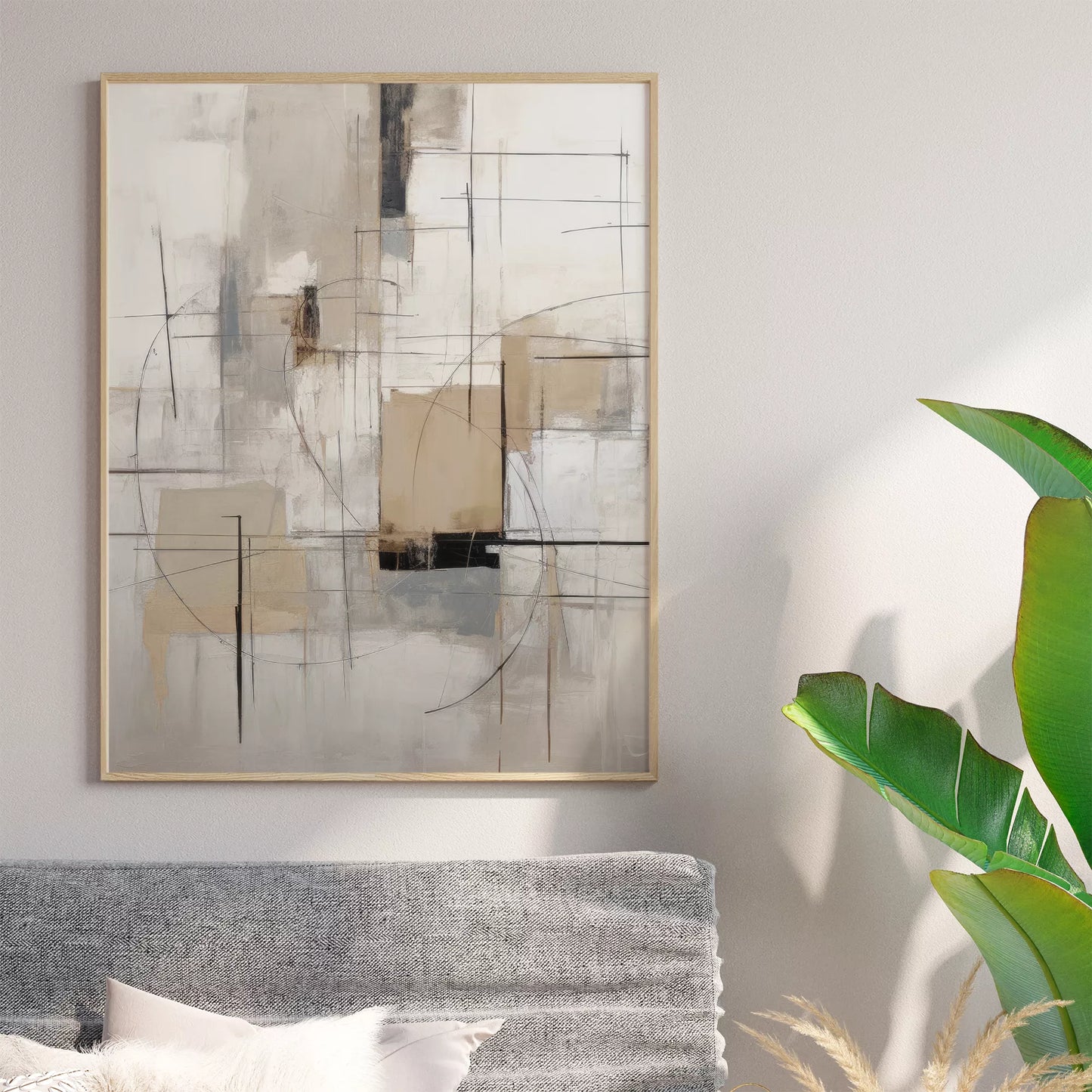 モダンな幾何学的抽象アート、グレーとベージュの都会的な印象