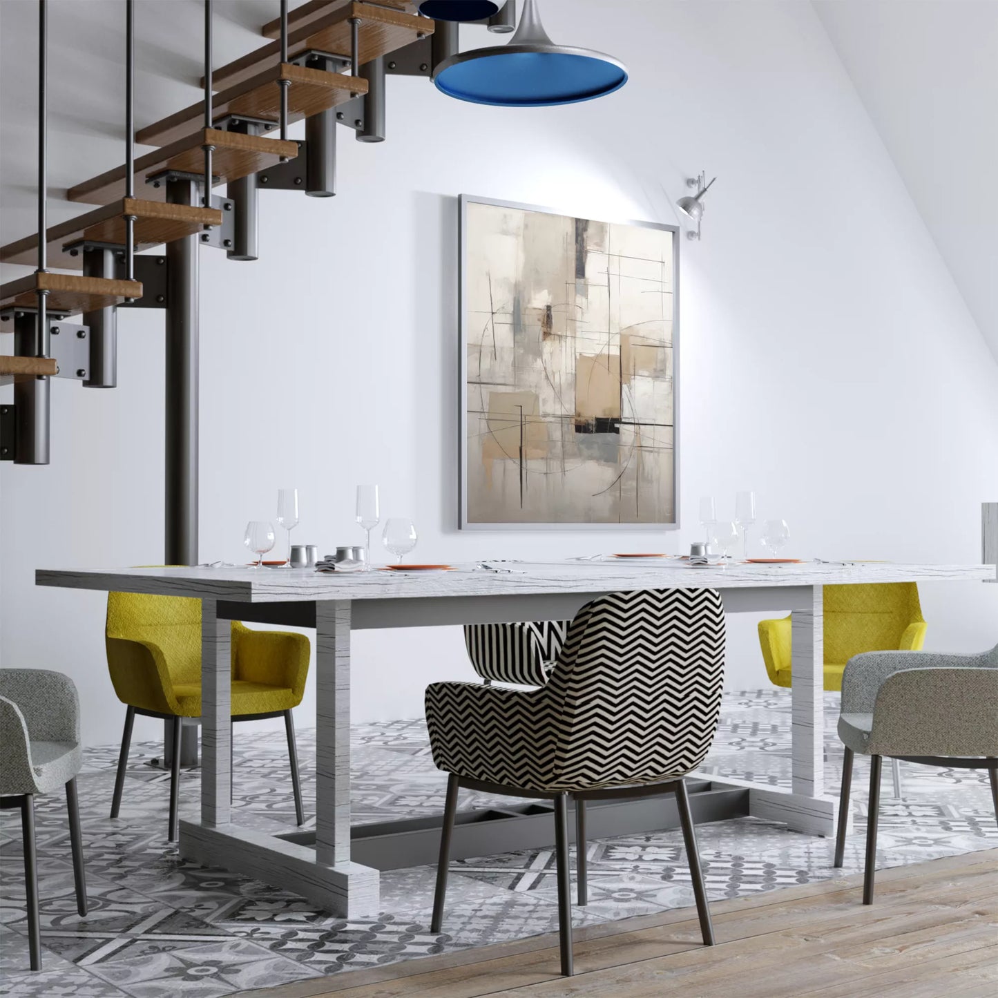 モダンな幾何学的抽象アート、グレーとベージュの都会的な印象