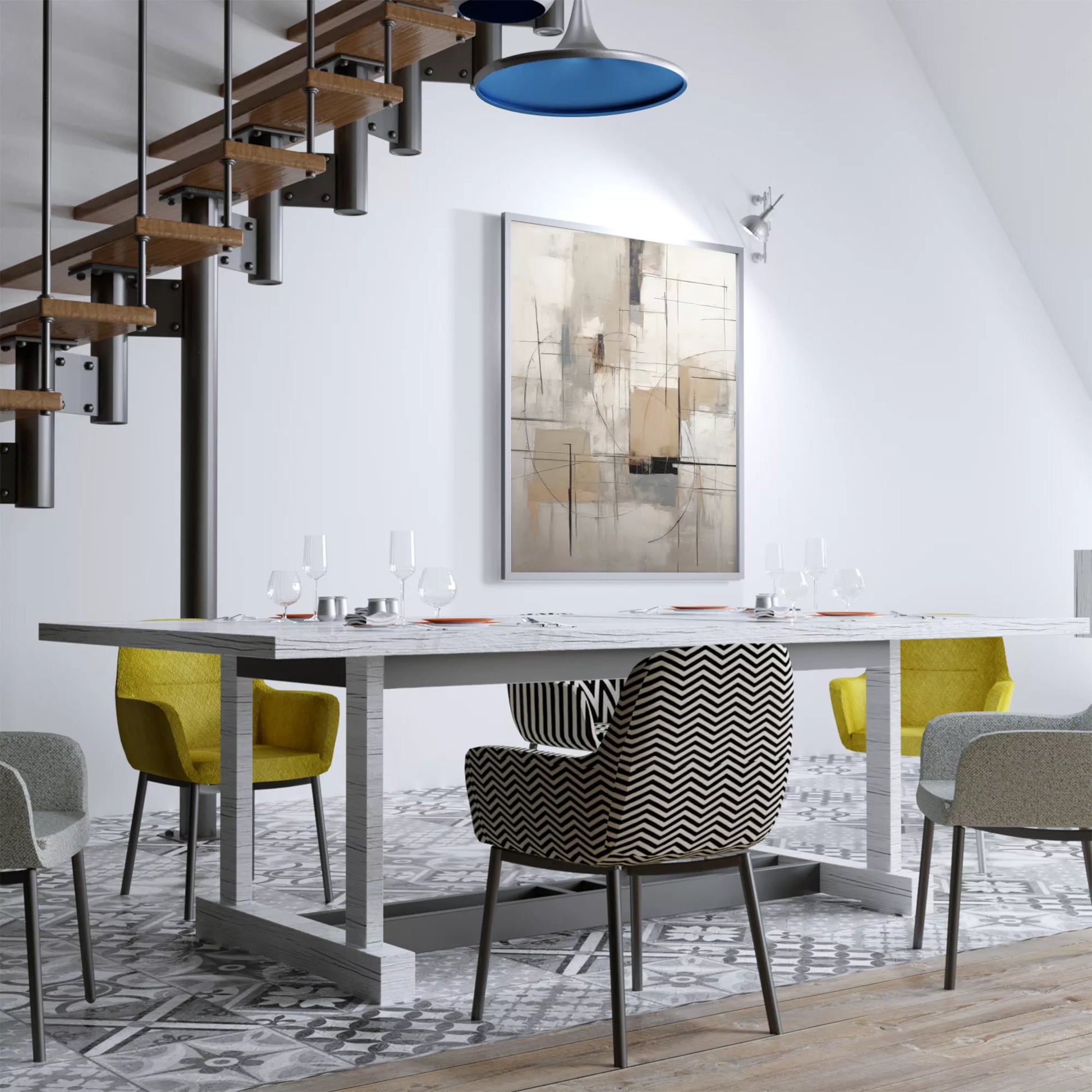 モダンな幾何学的抽象アート、グレーとベージュの都会的な印象