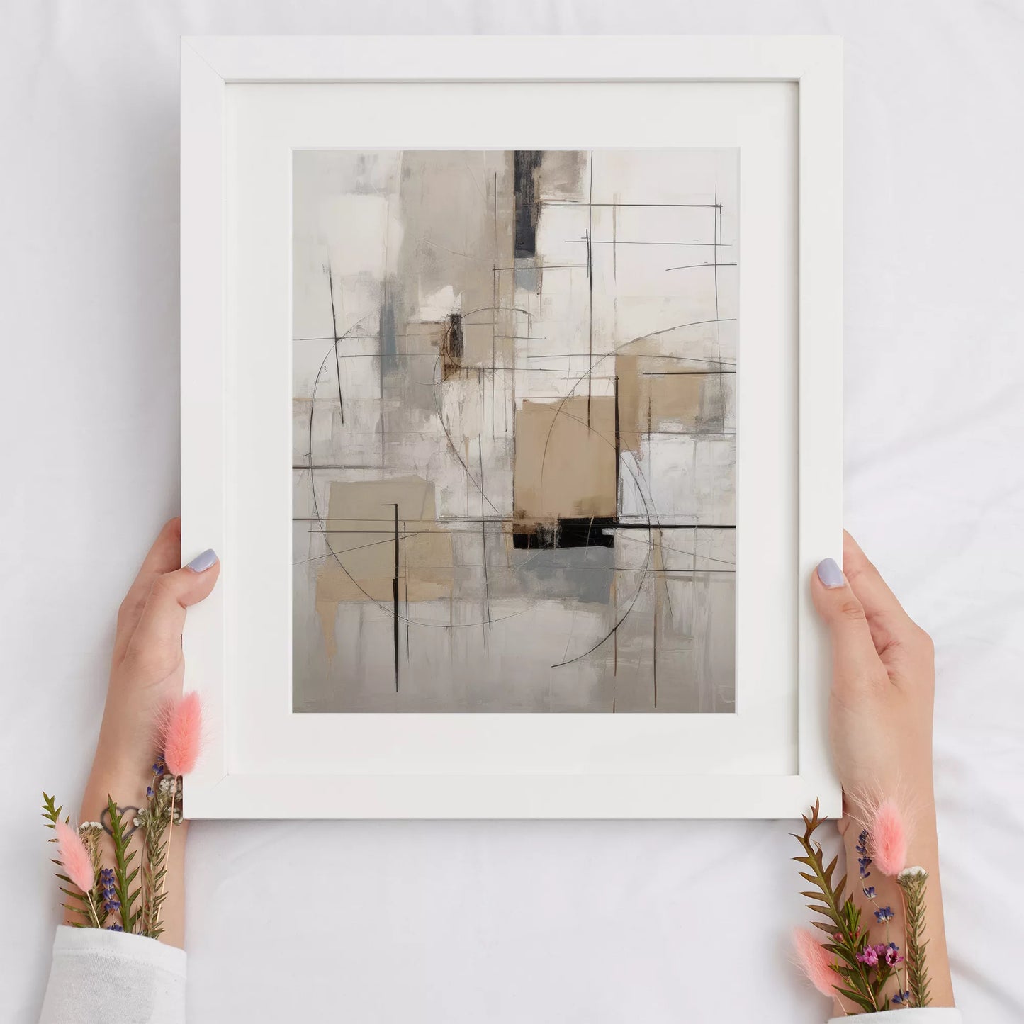 モダンな幾何学的抽象アート、グレーとベージュの都会的な印象