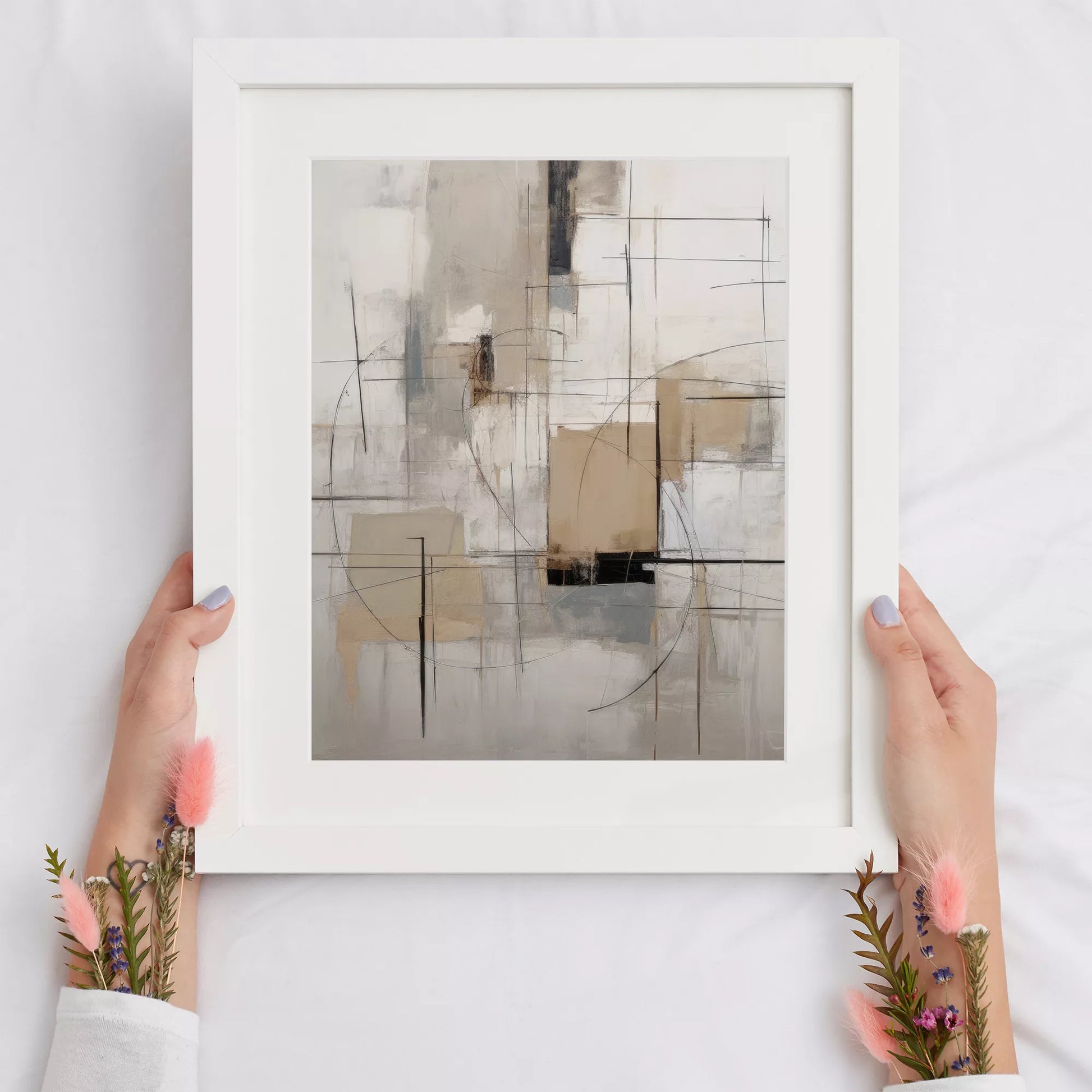 モダンな幾何学的抽象アート、グレーとベージュの都会的な印象