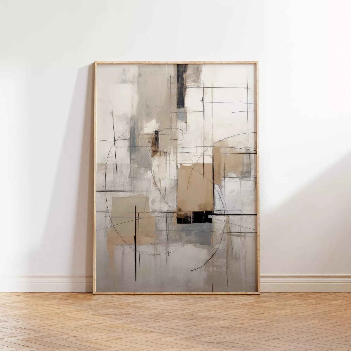 モダンな幾何学的抽象アート、グレーとベージュの都会的な印象