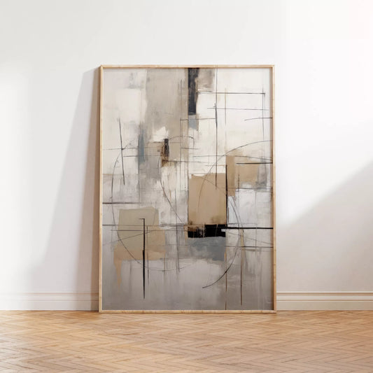 モダンな幾何学的抽象アート、グレーとベージュの都会的な印象