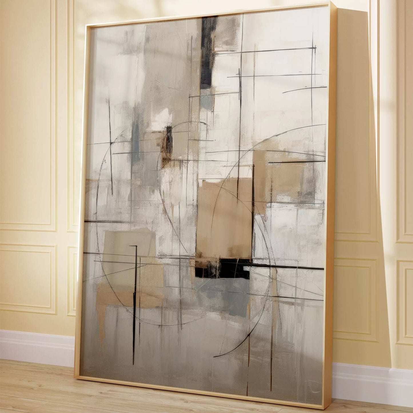 モダンな幾何学的抽象アート、グレーとベージュの都会的な印象