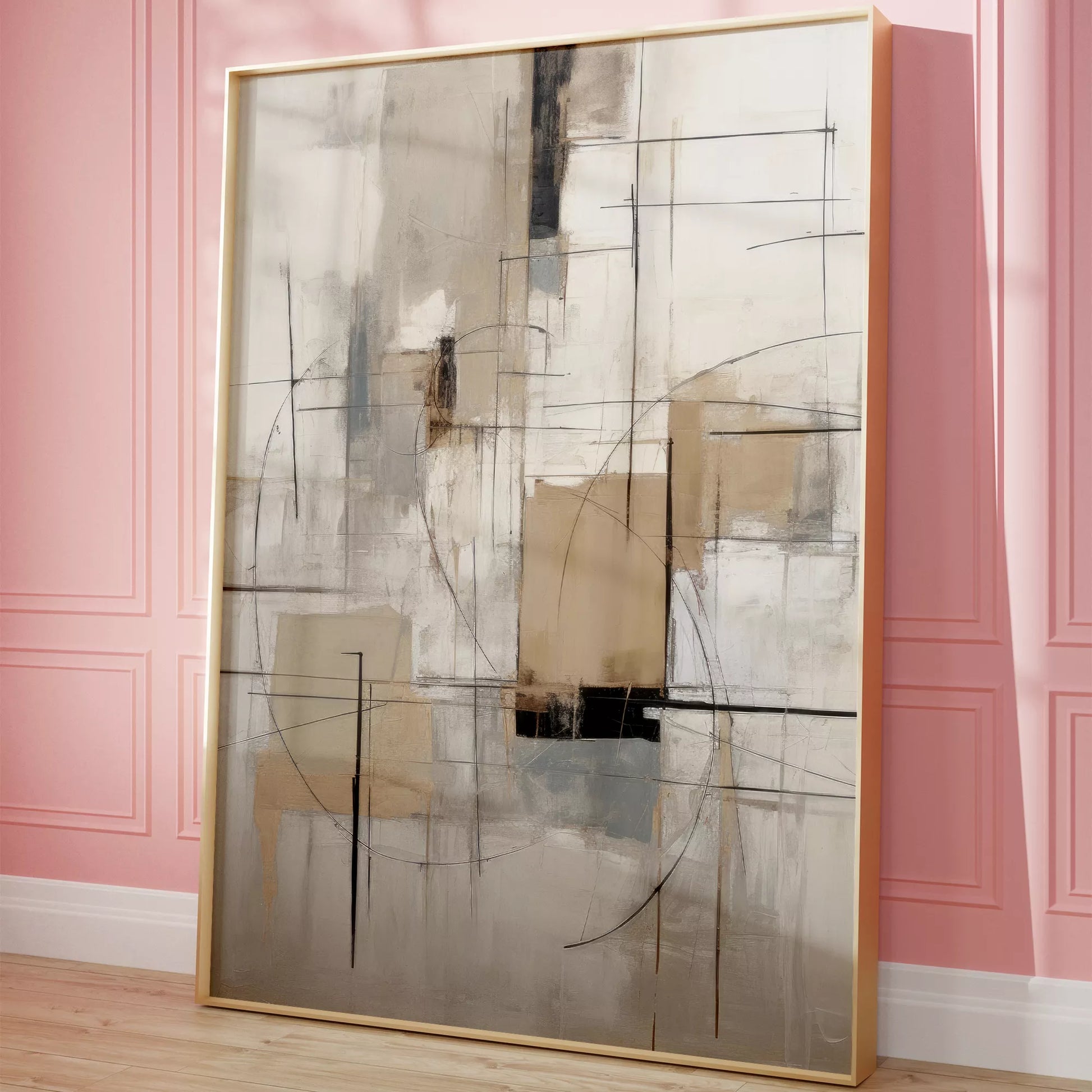 モダンな幾何学的抽象アート、グレーとベージュの都会的な印象