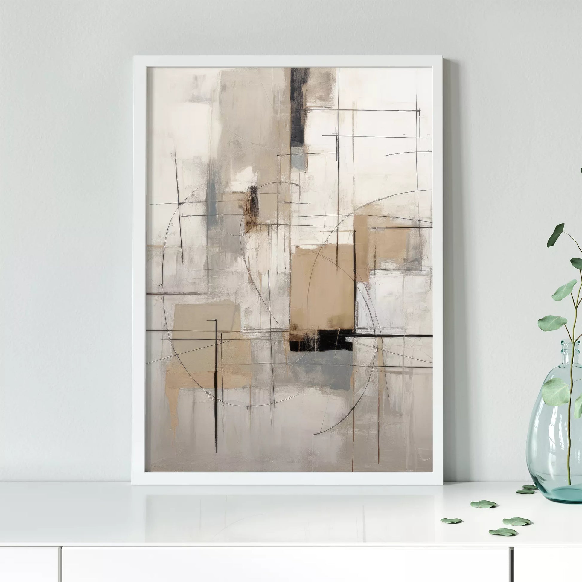 モダンな幾何学的抽象アート、グレーとベージュの都会的な印象