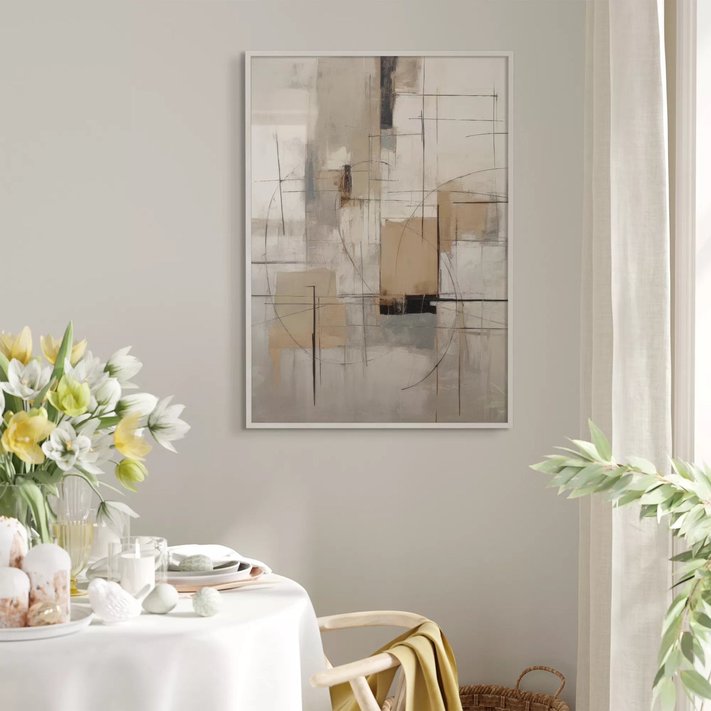 モダンな幾何学的抽象アート、グレーとベージュの都会的な印象