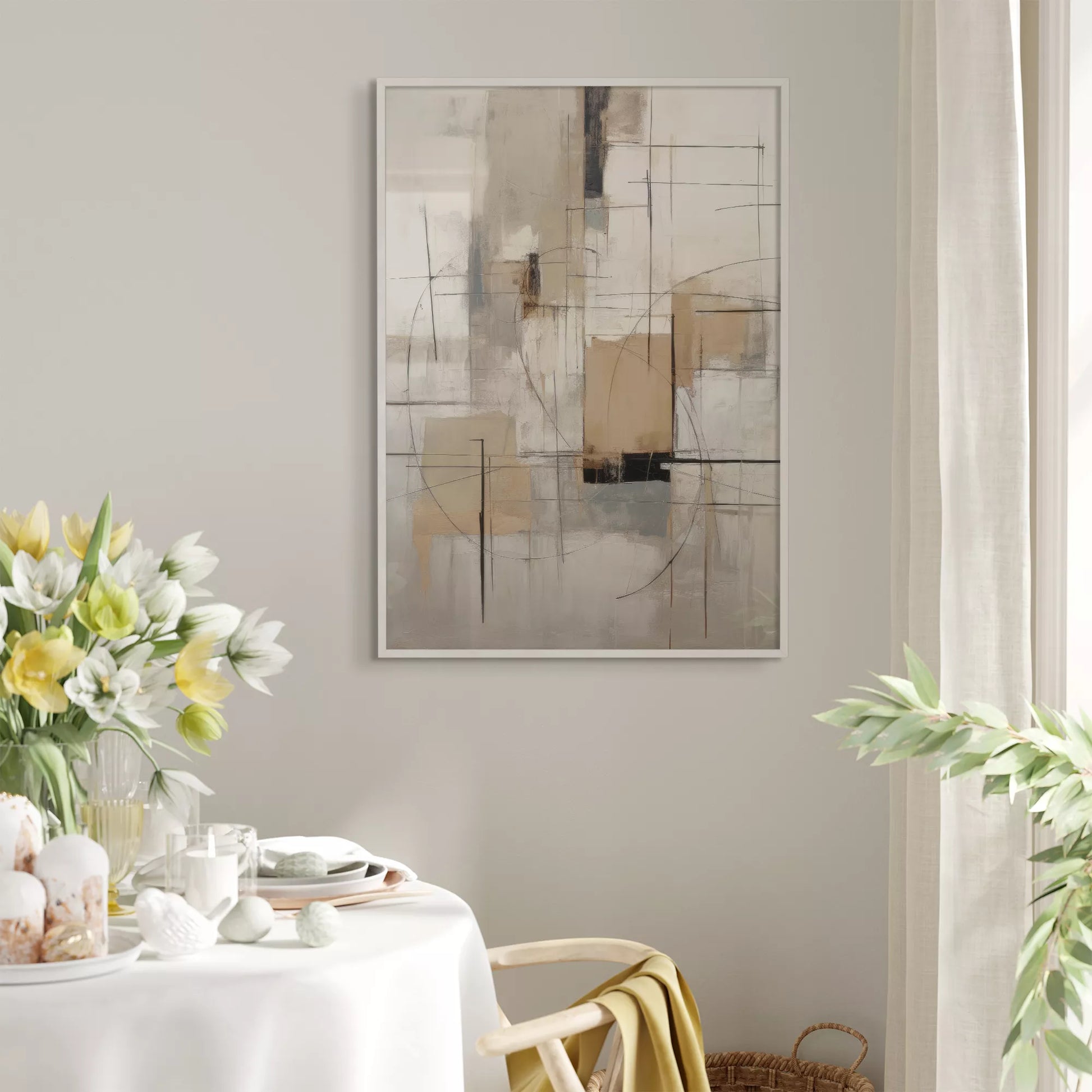 モダンな幾何学的抽象アート、グレーとベージュの都会的な印象