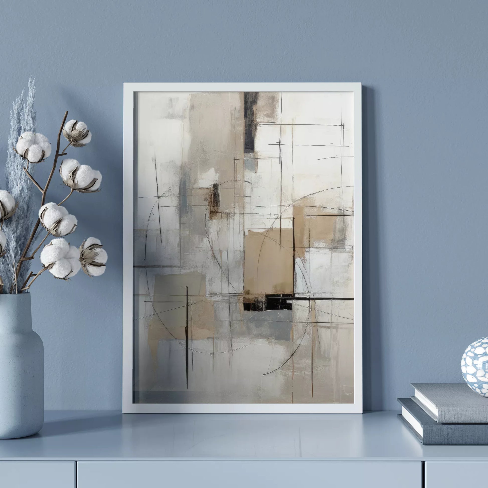 モダンな幾何学的抽象アート、グレーとベージュの都会的な印象