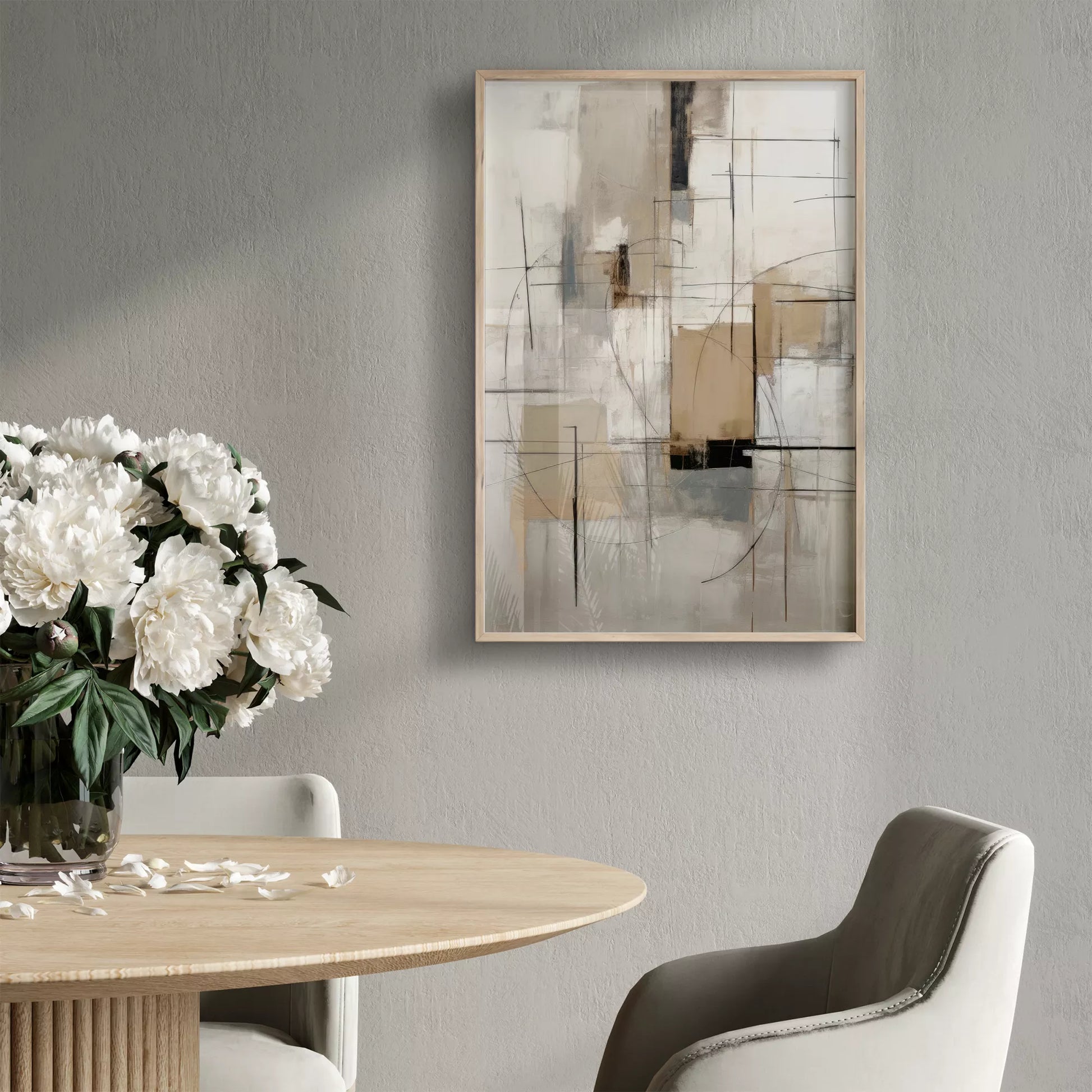 モダンな幾何学的抽象アート、グレーとベージュの都会的な印象