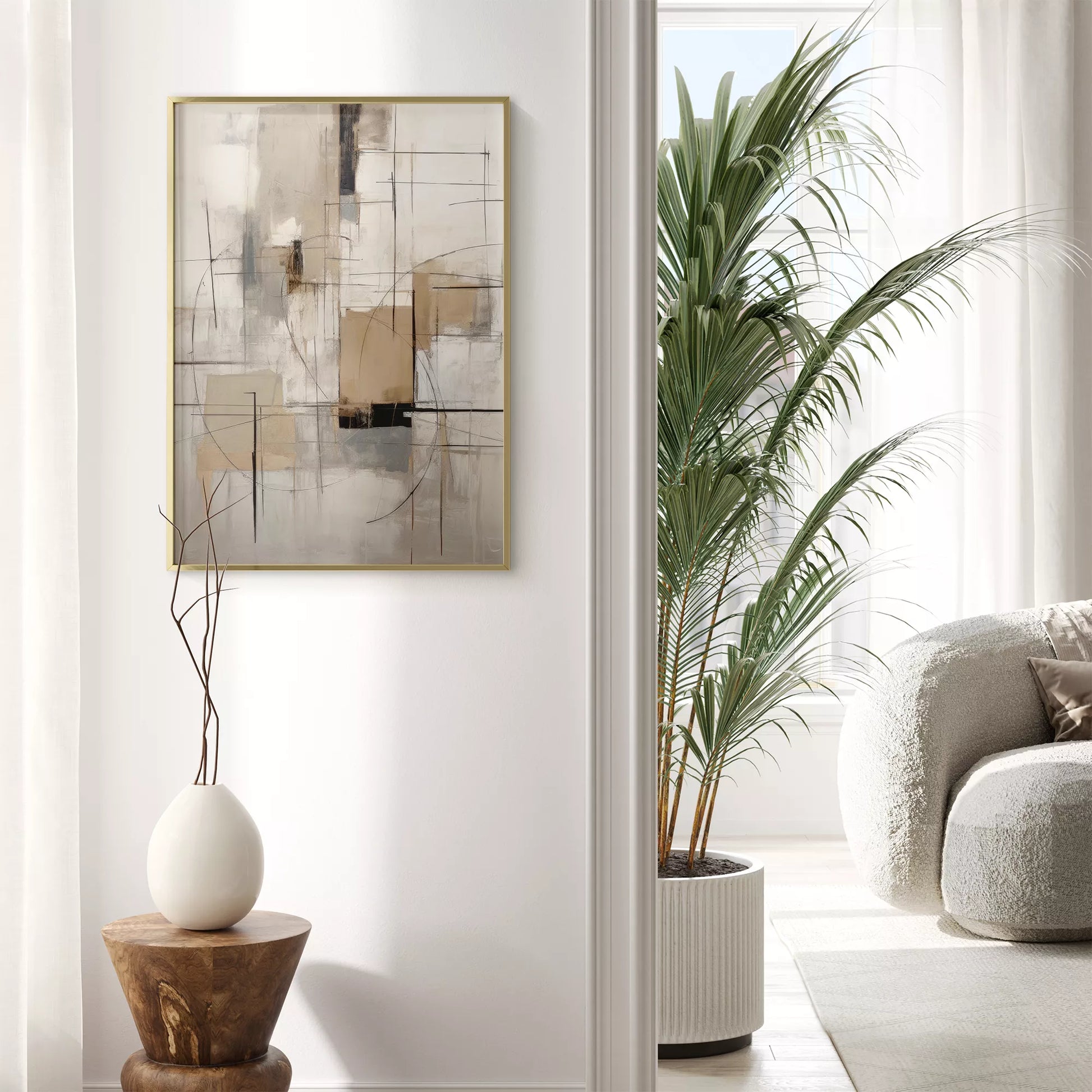 モダンな幾何学的抽象アート、グレーとベージュの都会的な印象