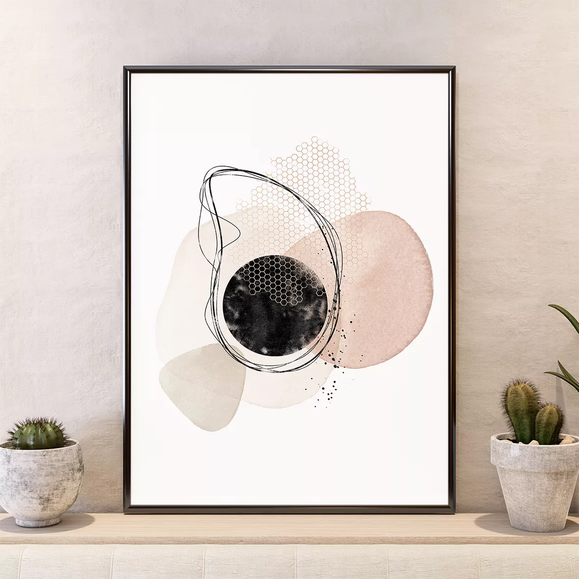 幾何学的な抽象アートセット:三角形と円のモダンなデザイン構成