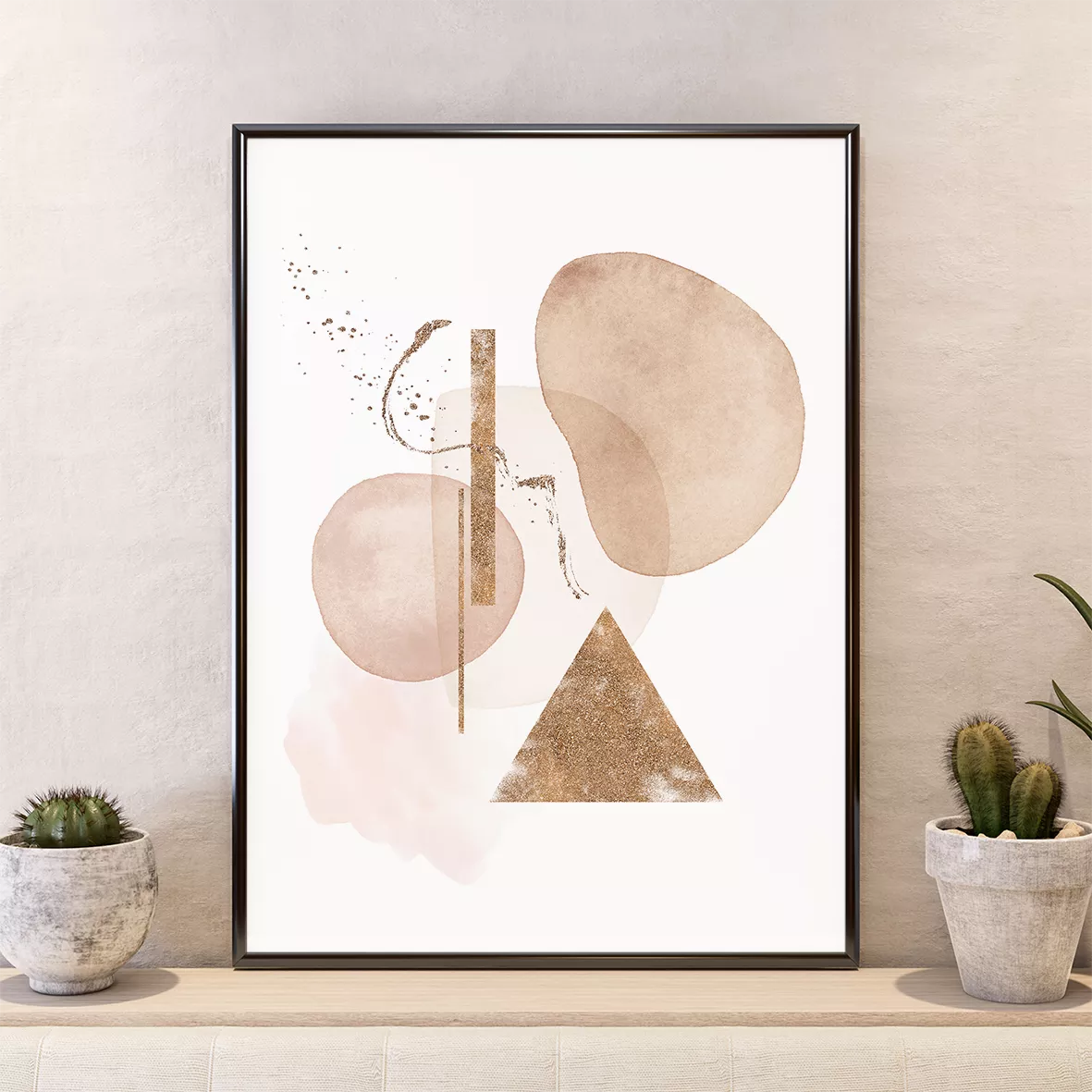 幾何学的な抽象アートセット:三角形と円のモダンなデザイン構成