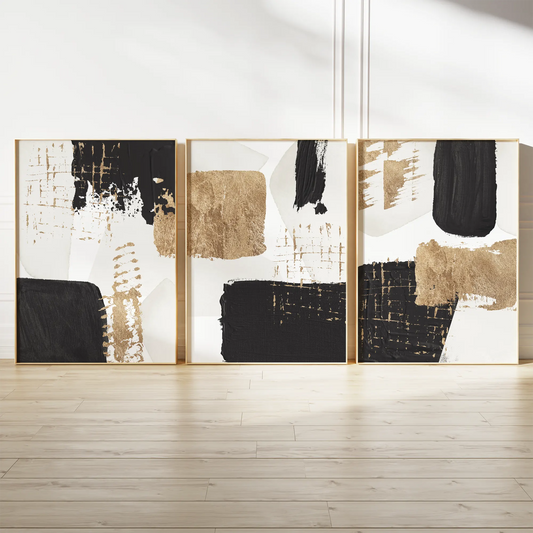 ゴールド箔風テクスチャとブラック筆致の抽象アートポスター 北欧モダンインテリア 3枚セット