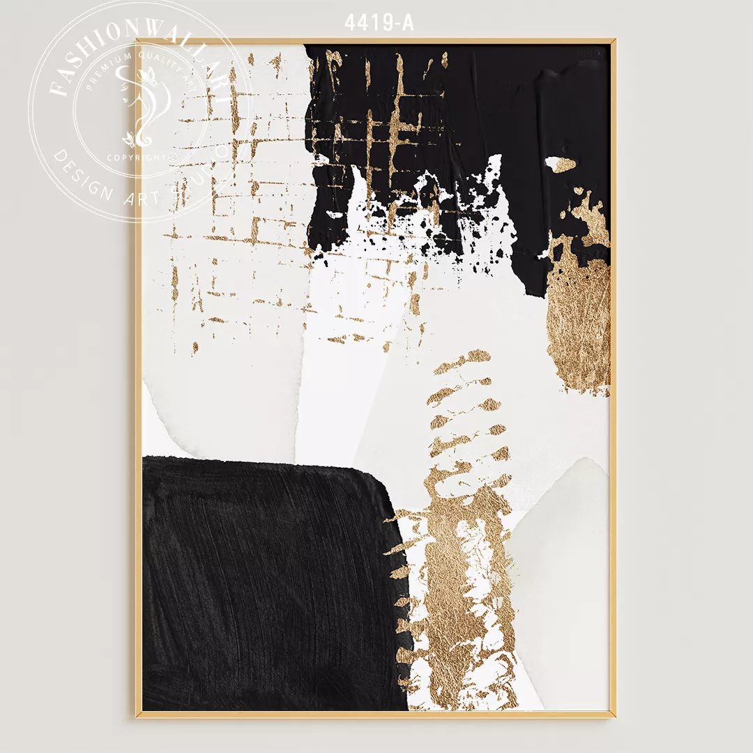 モダンな抽象画アート、金箔とブラックの3連パネル、北欧インテリア