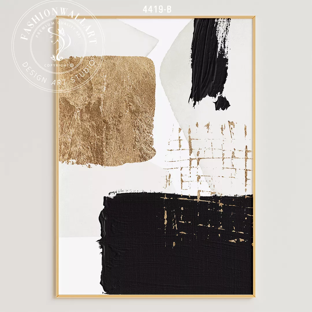 モダンな抽象画アート、金箔とブラックの3連パネル、北欧インテリア