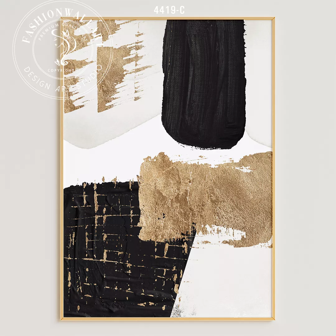 モダンな抽象画アート、金箔とブラックの3連パネル、北欧インテリア