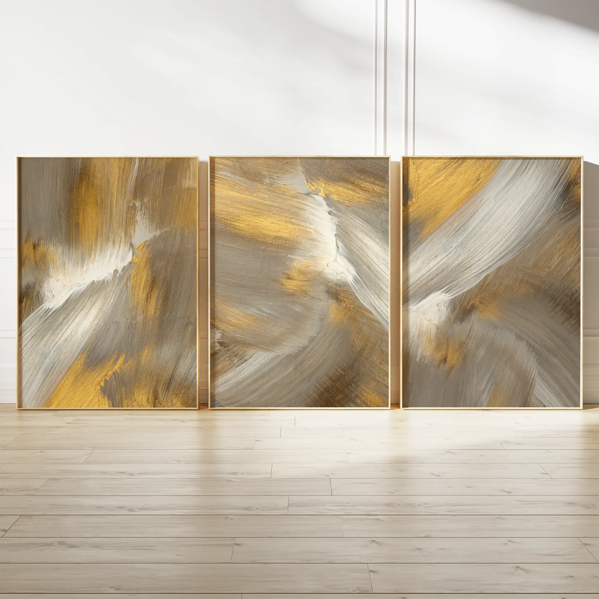 抽象的なゴールドグレーのブラッシュストロークアートポスター 北欧モダンインテリア 3枚セット