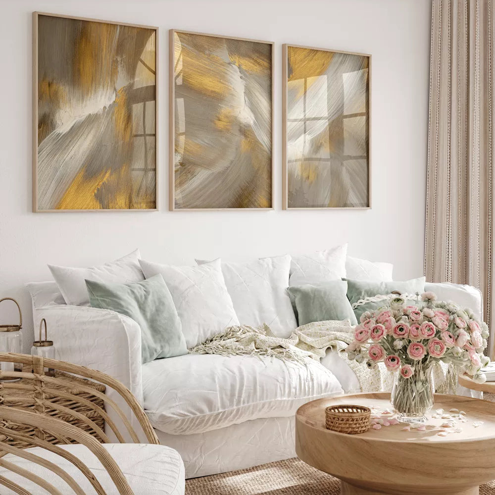 金と灰色の抽象的な筆のストローク三連アート、モダンな印象派風