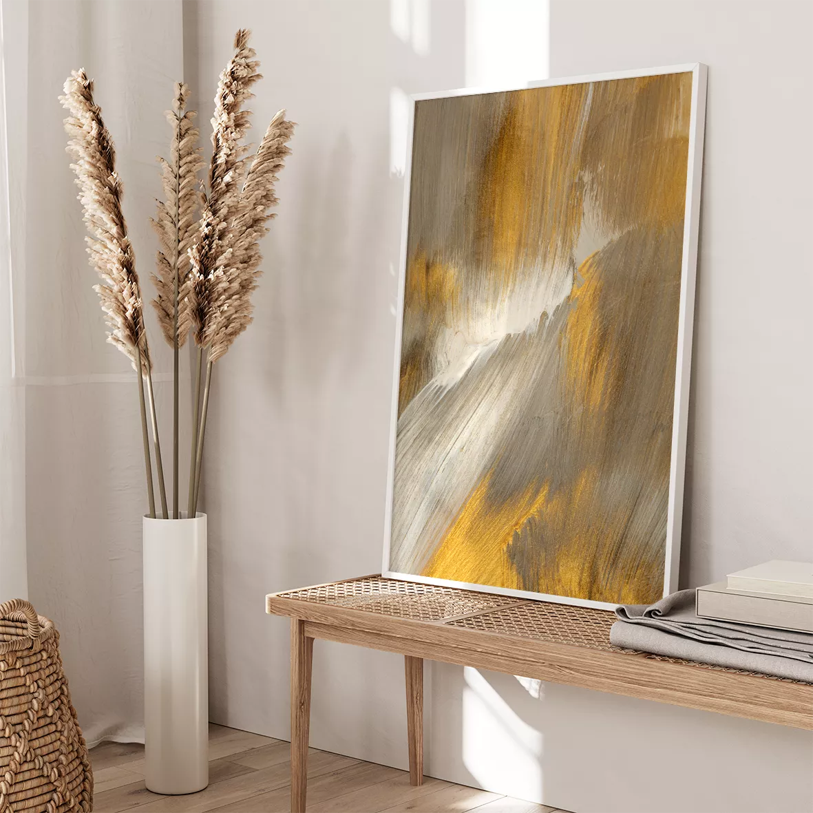 金と灰色の抽象的な筆のストローク三連アート、モダンな印象派風