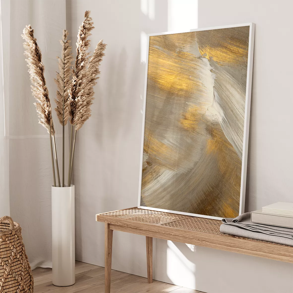 金と灰色の抽象的な筆のストローク三連アート、モダンな印象派風