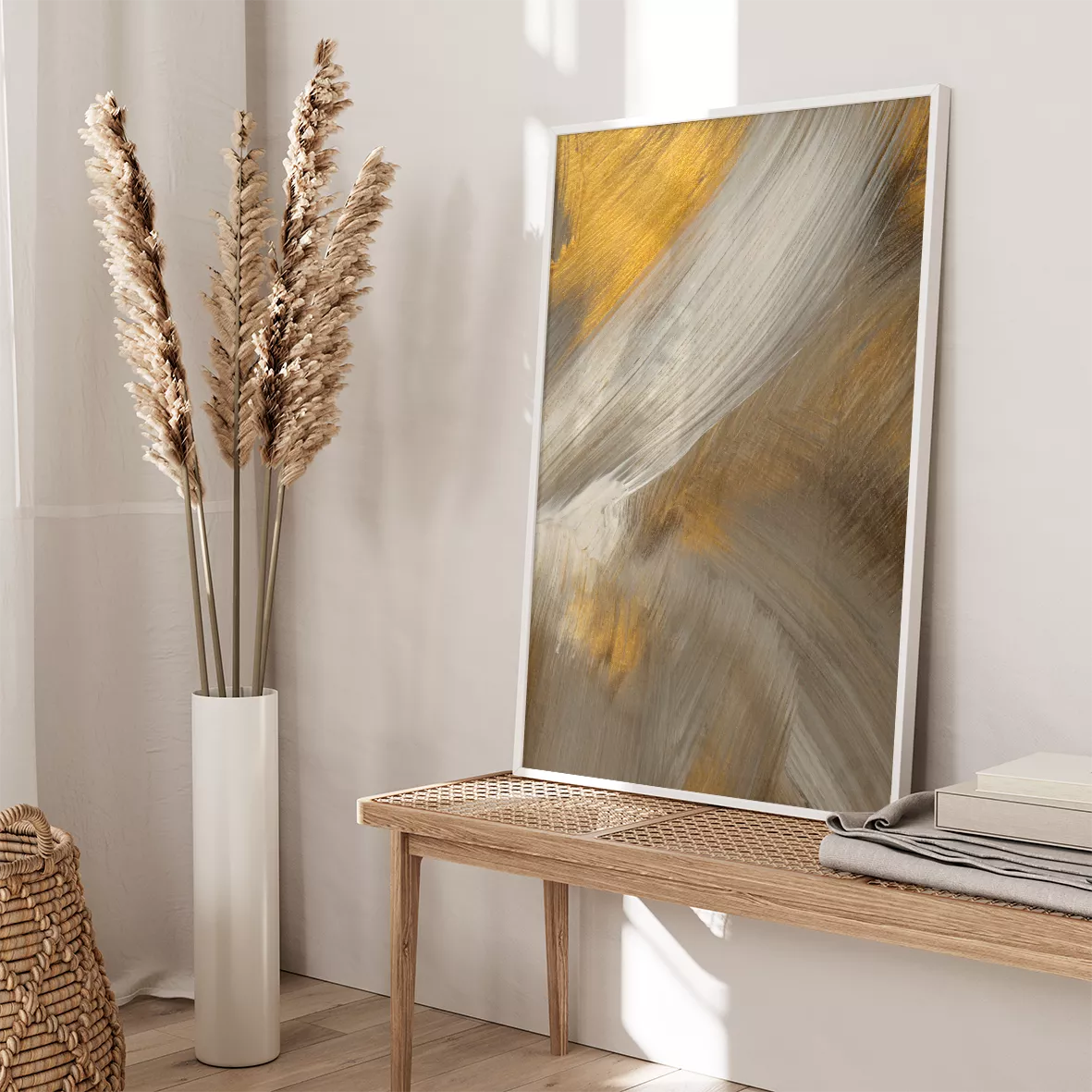 金と灰色の抽象的な筆のストローク三連アート、モダンな印象派風