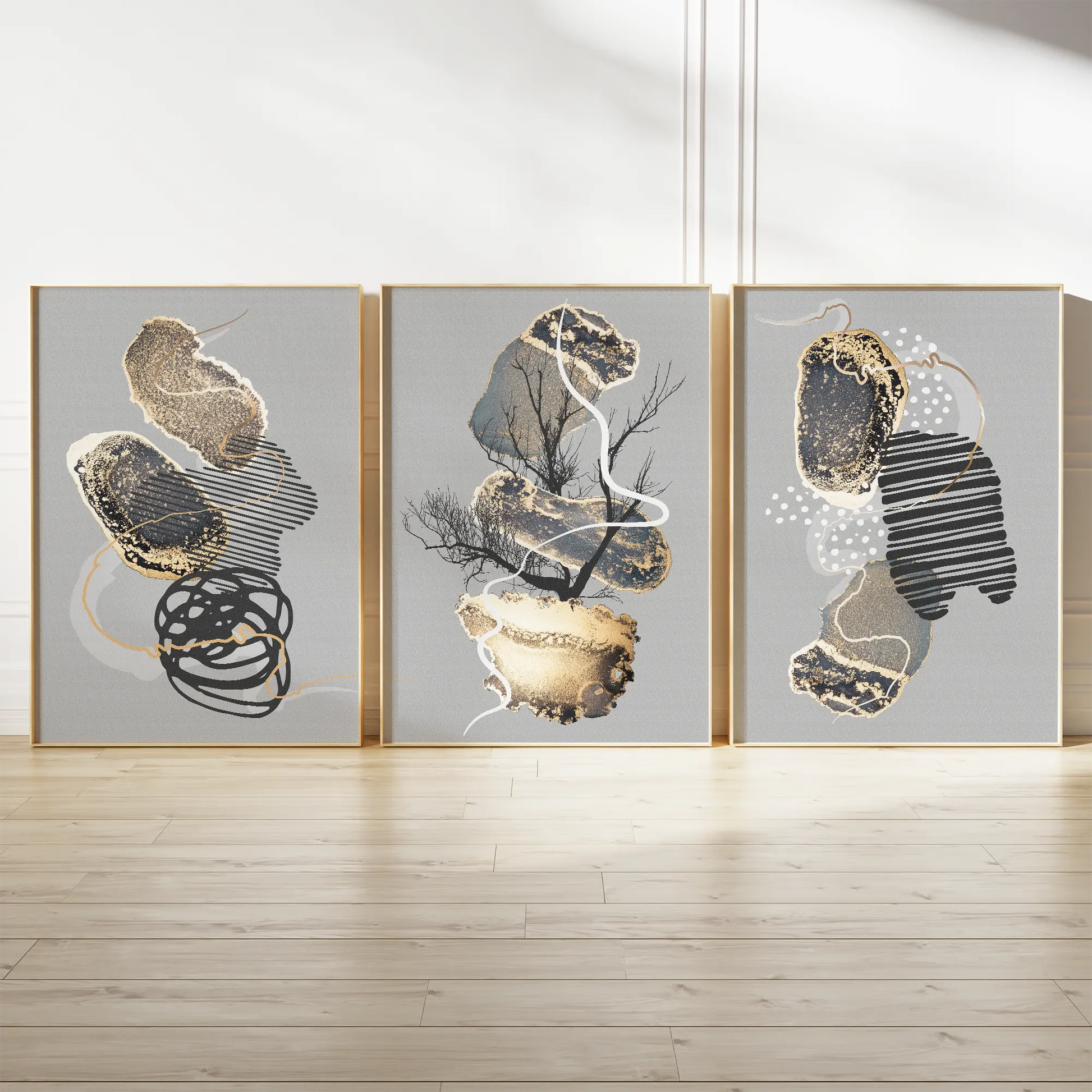 グレーとゴールドの抽象リーフアートポスター 北欧モダン 3枚セット