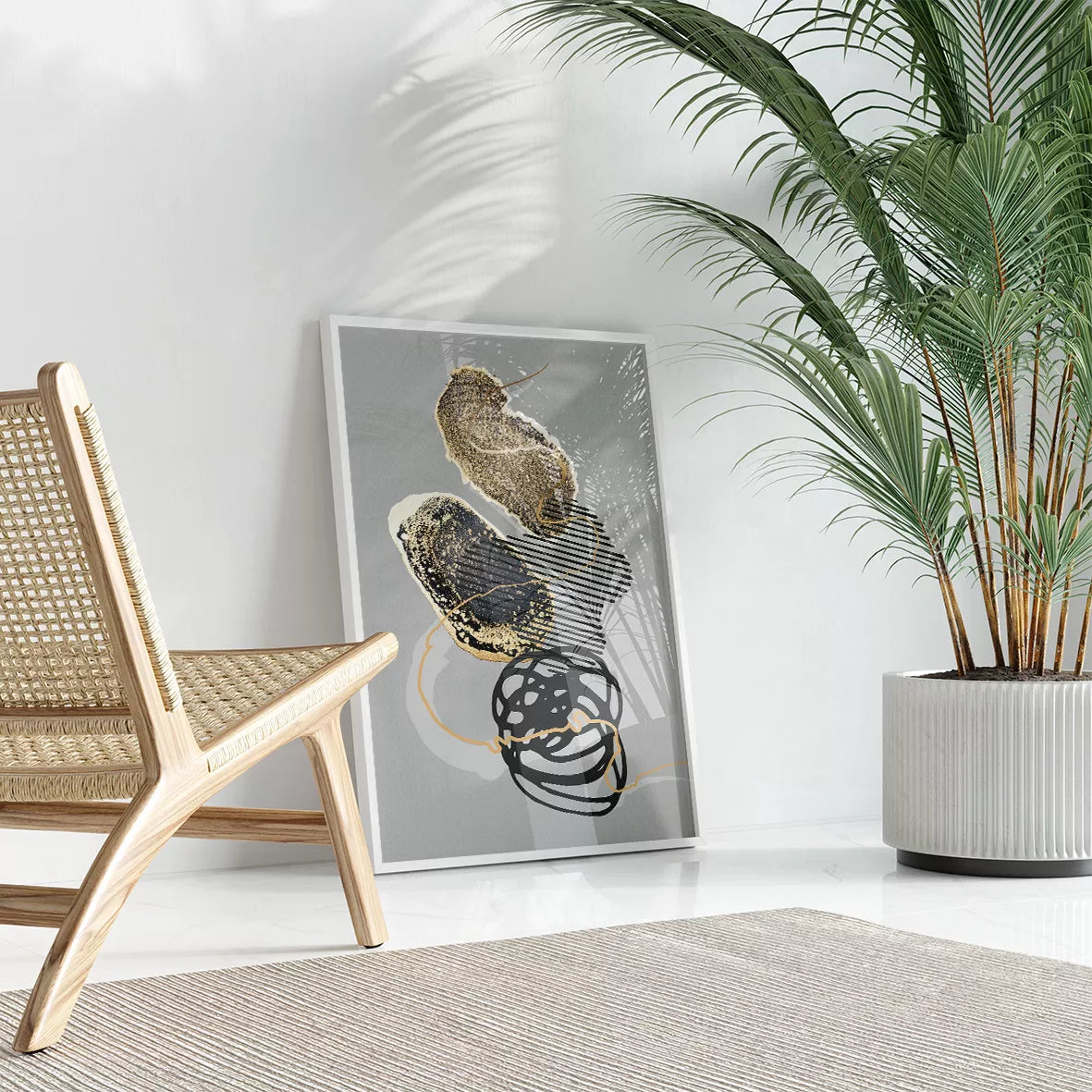 グレー背景に金箔と抽象的な曲線が調和する現代アート3点セット