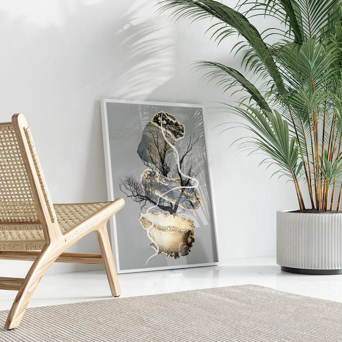 グレー背景に金箔と抽象的な曲線が調和する現代アート3点セット