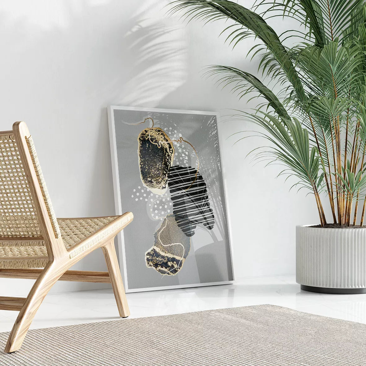 グレー背景に金箔と抽象的な曲線が調和する現代アート3点セット