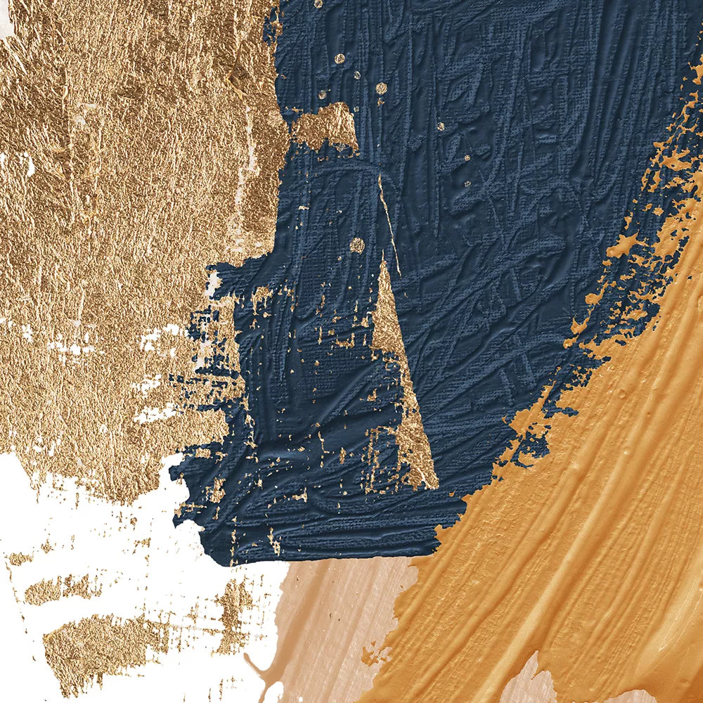 金と紺の抽象的な筆触アートの3連画、モダンな印象派風デザイン